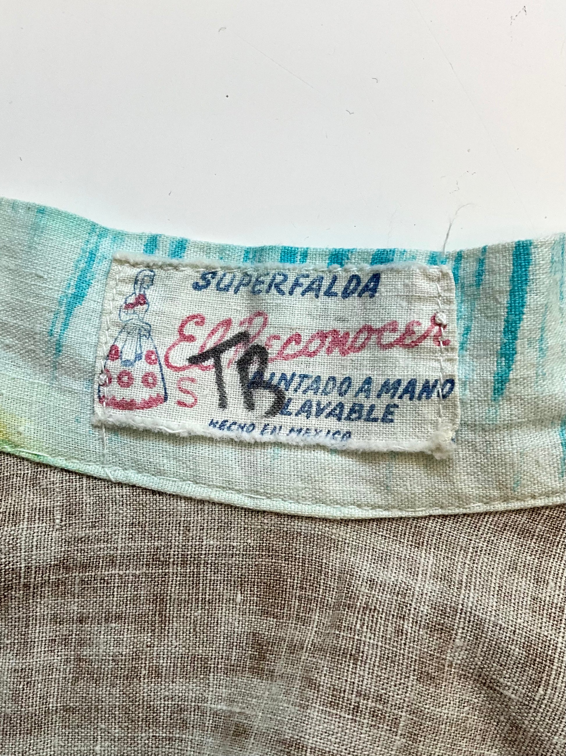 Fabric label with text on a cotton skirt waistband 