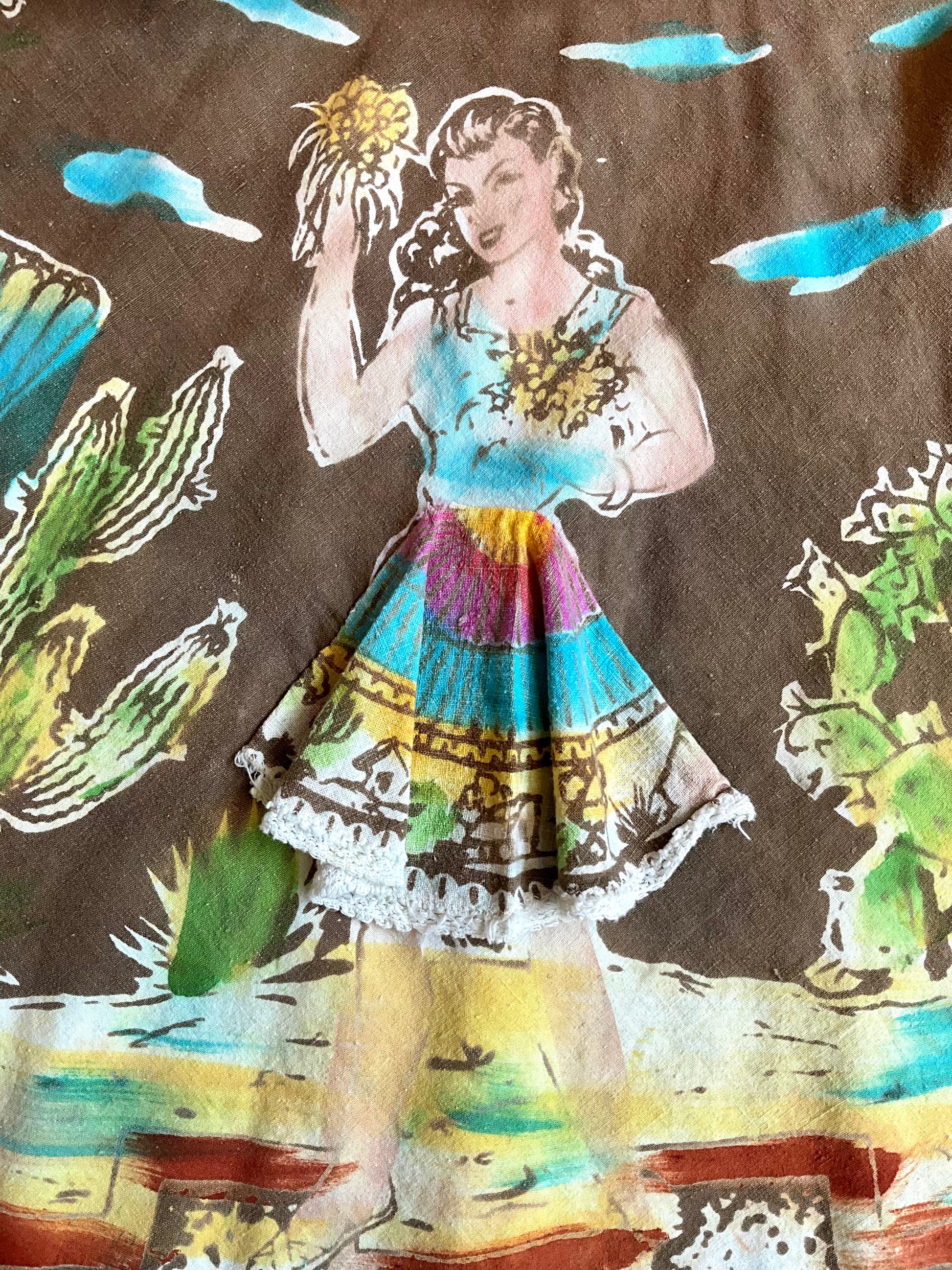 Vintage-style fabric with a woman in a colorful dress and cacti design.