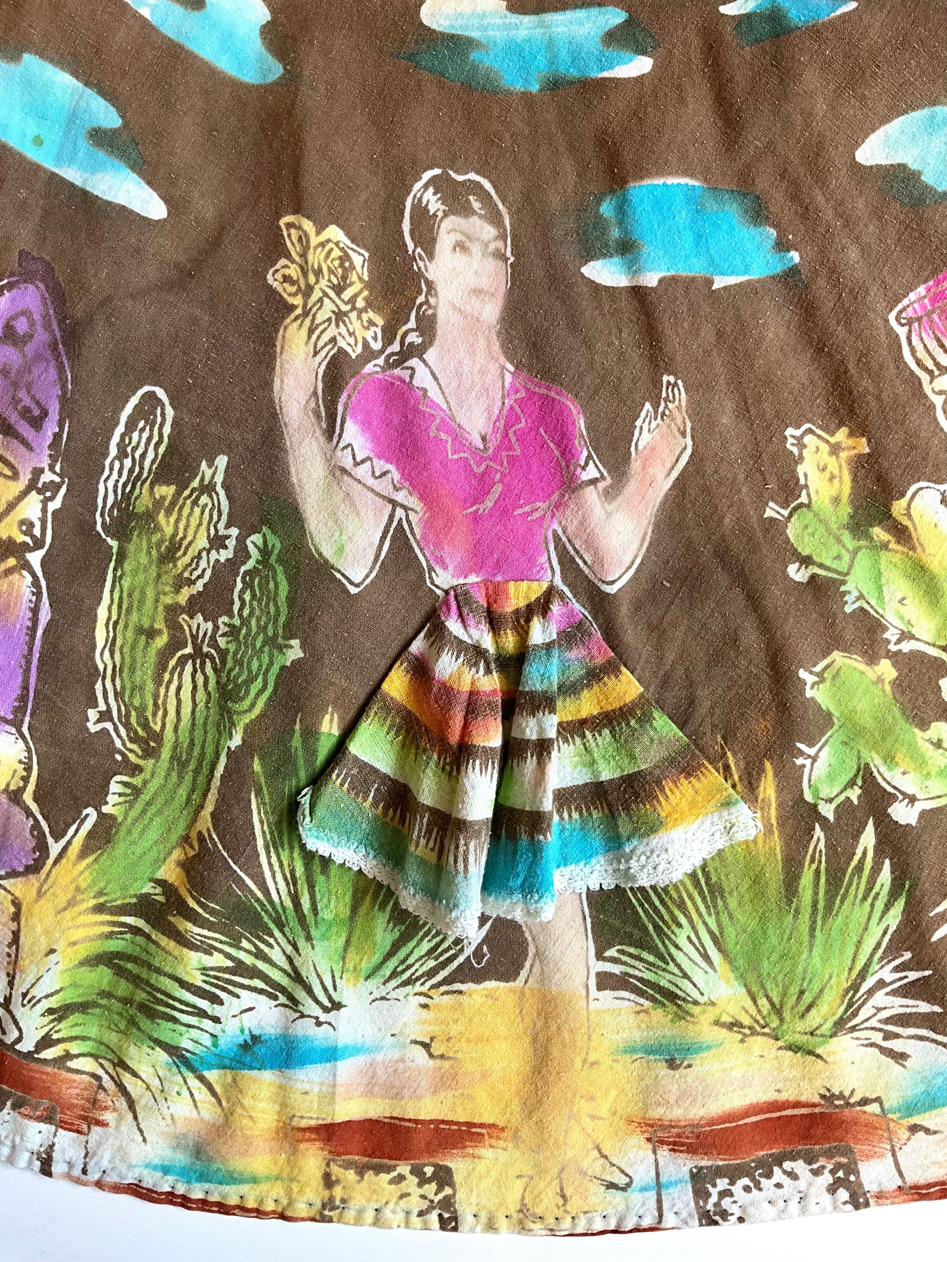 Colorful skirt with a design of a woman in a striped skirt and cacti on a brown background.