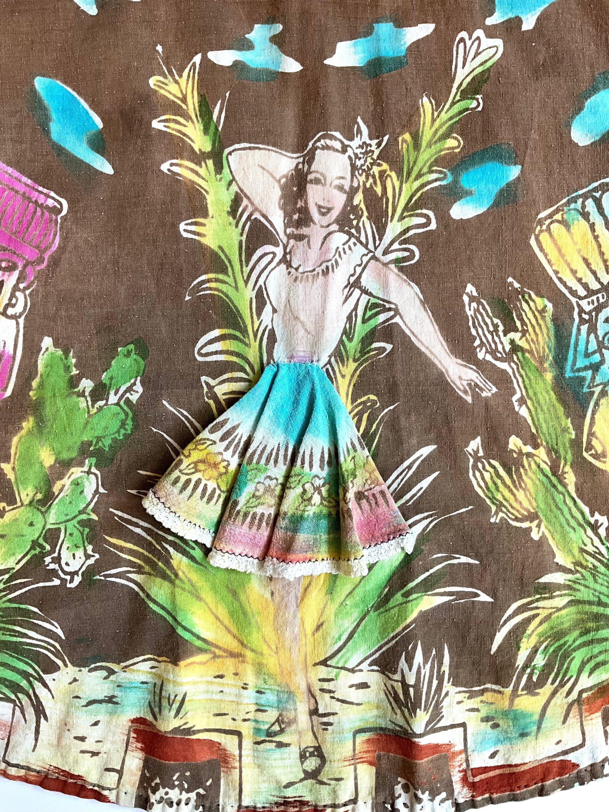 Fabric with a colorful print of a woman in a dress and plants on a brown background