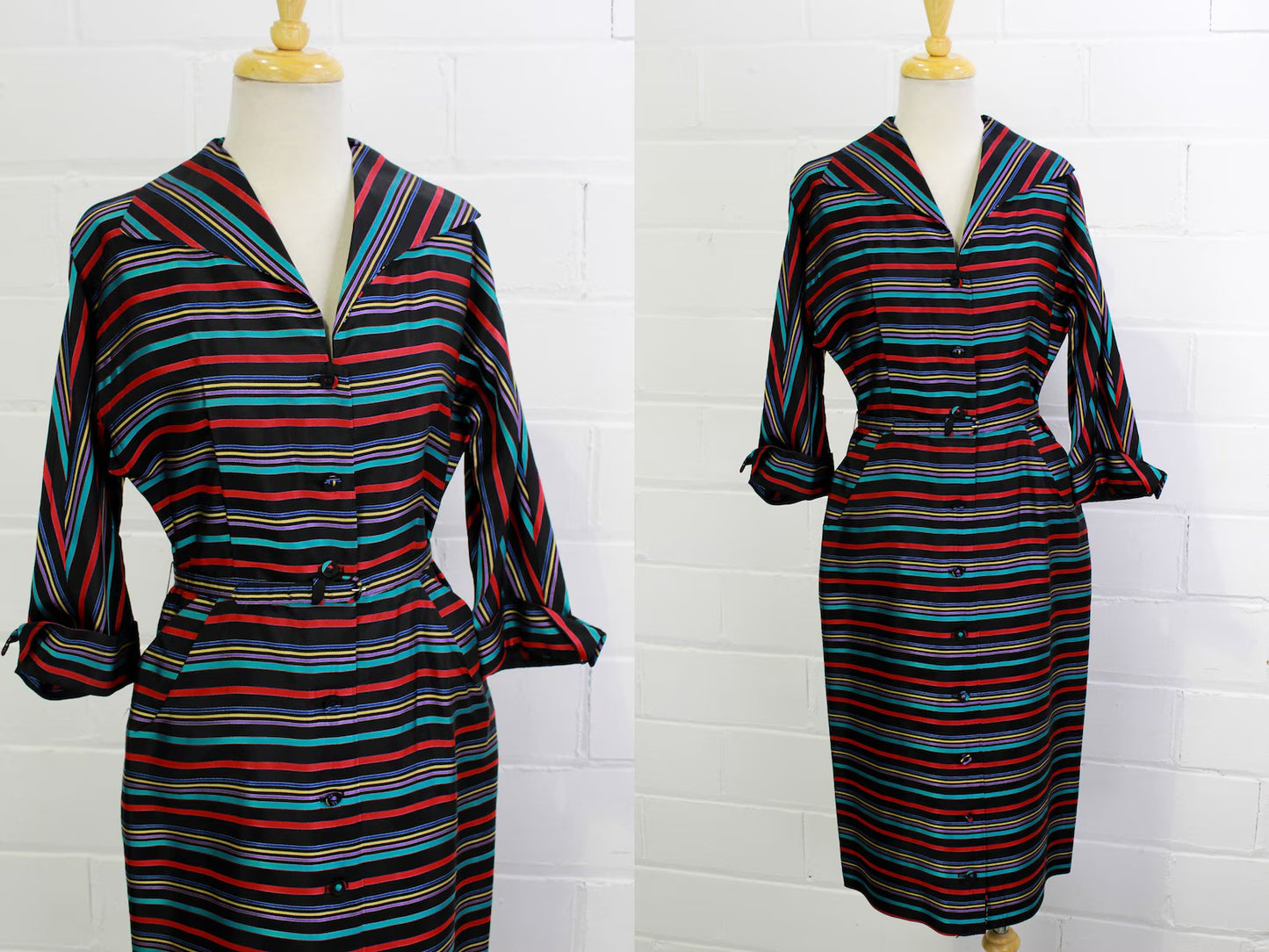 Vintage 50s Bright Striped Day Dress, Blue Red Black Long Sleeve Full Skirt Shirtwaist Secretary Dress, Pockets & Self Belt, B36" W 28"