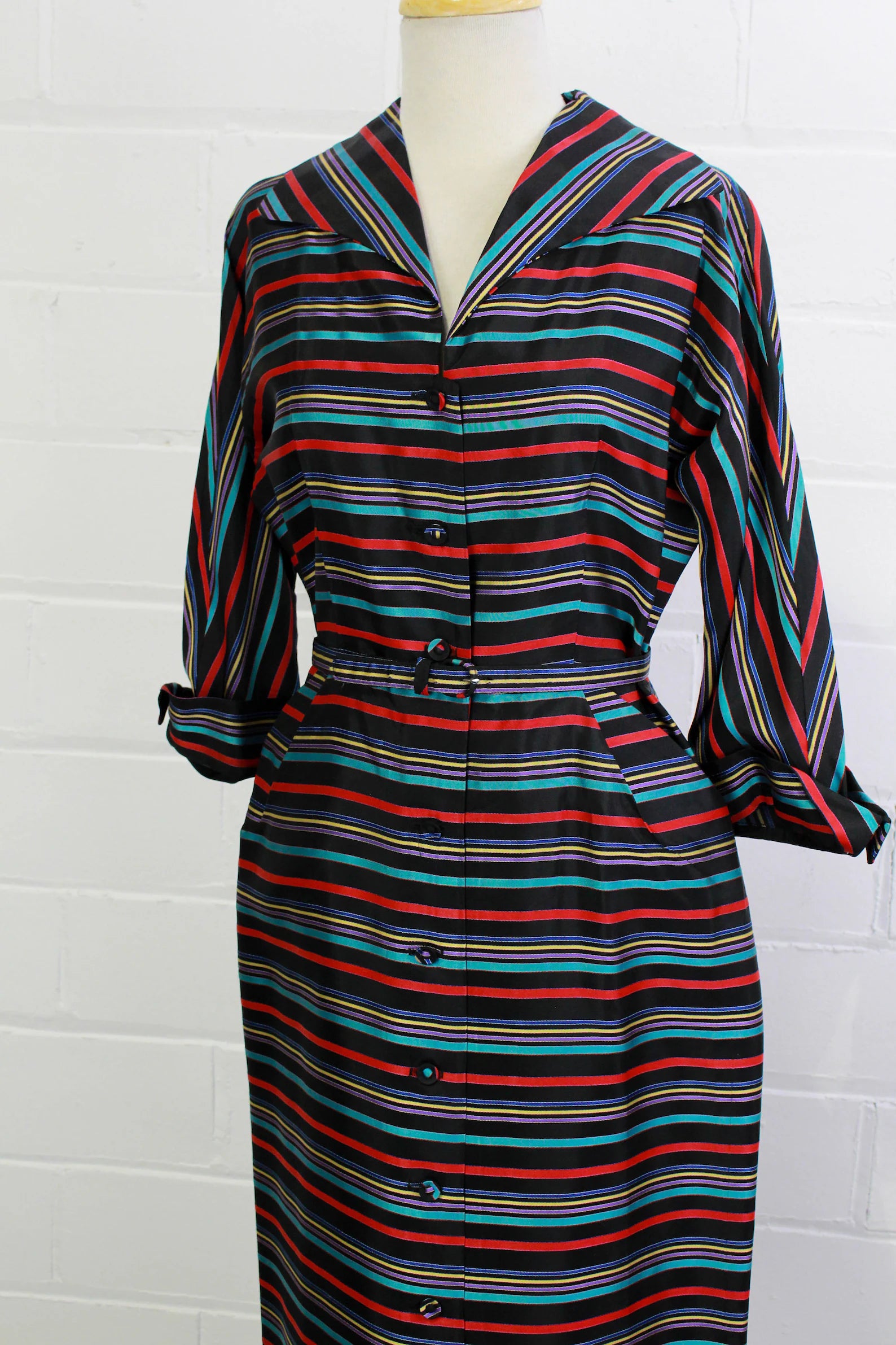 Vintage 1950s Black Red Blue Striped Shirt Dress, Medium – Ian Drummond Vintage
