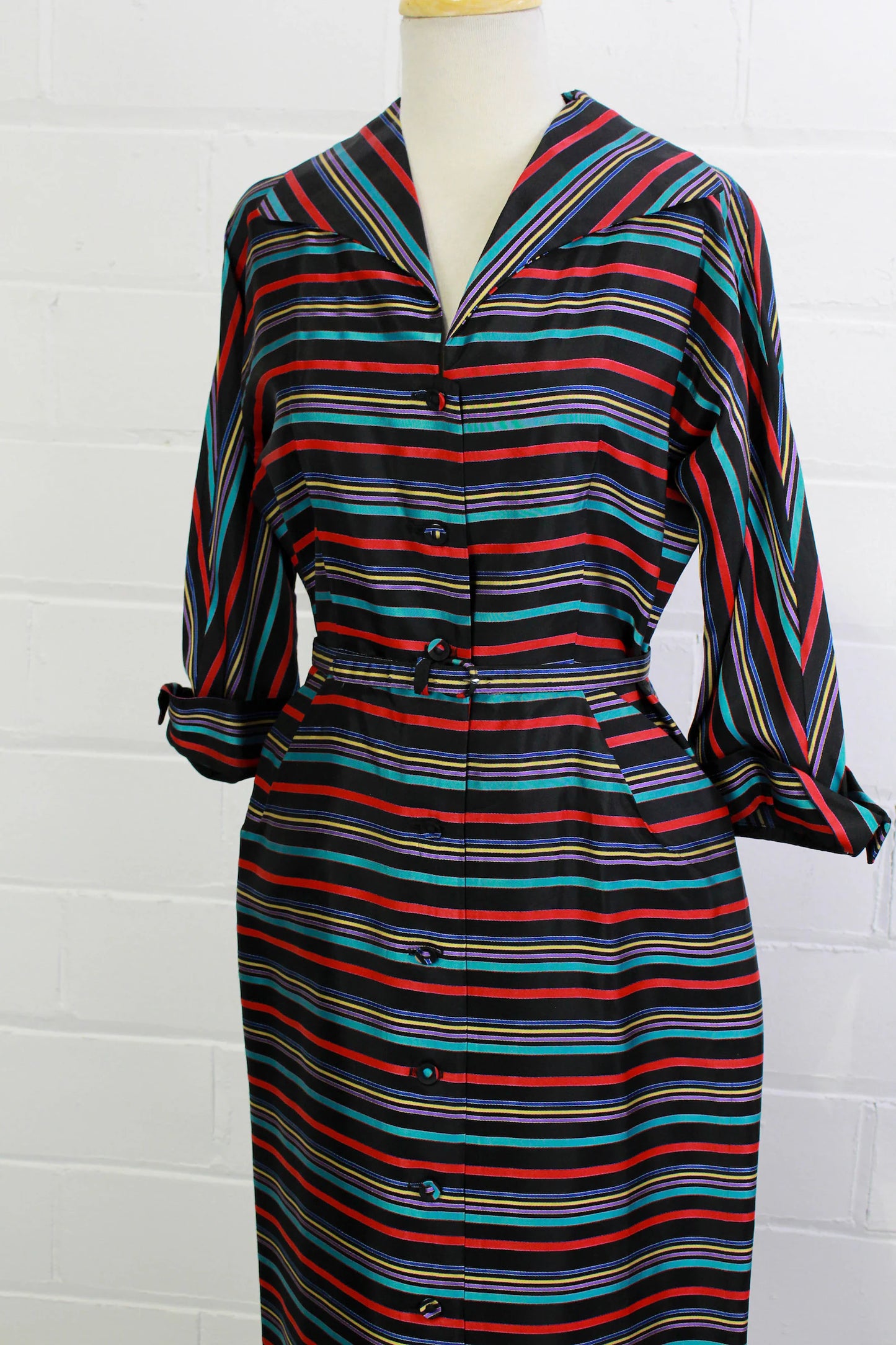 Vintage 50s Bright Striped Day Dress, Blue Red Black Long Sleeve Full Skirt Shirtwaist Secretary Dress, Pockets & Self Belt, B36" W 28"