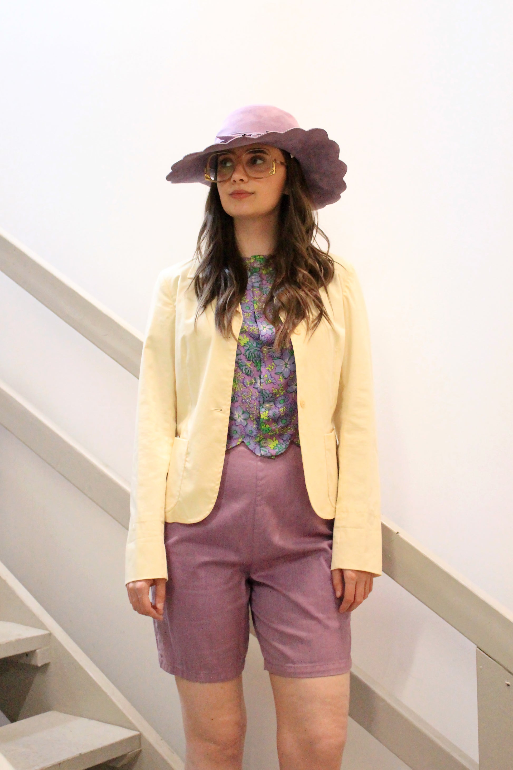 Vintage 1970s Purple Suede Scallop Edge Wide Brim Hat, Small  