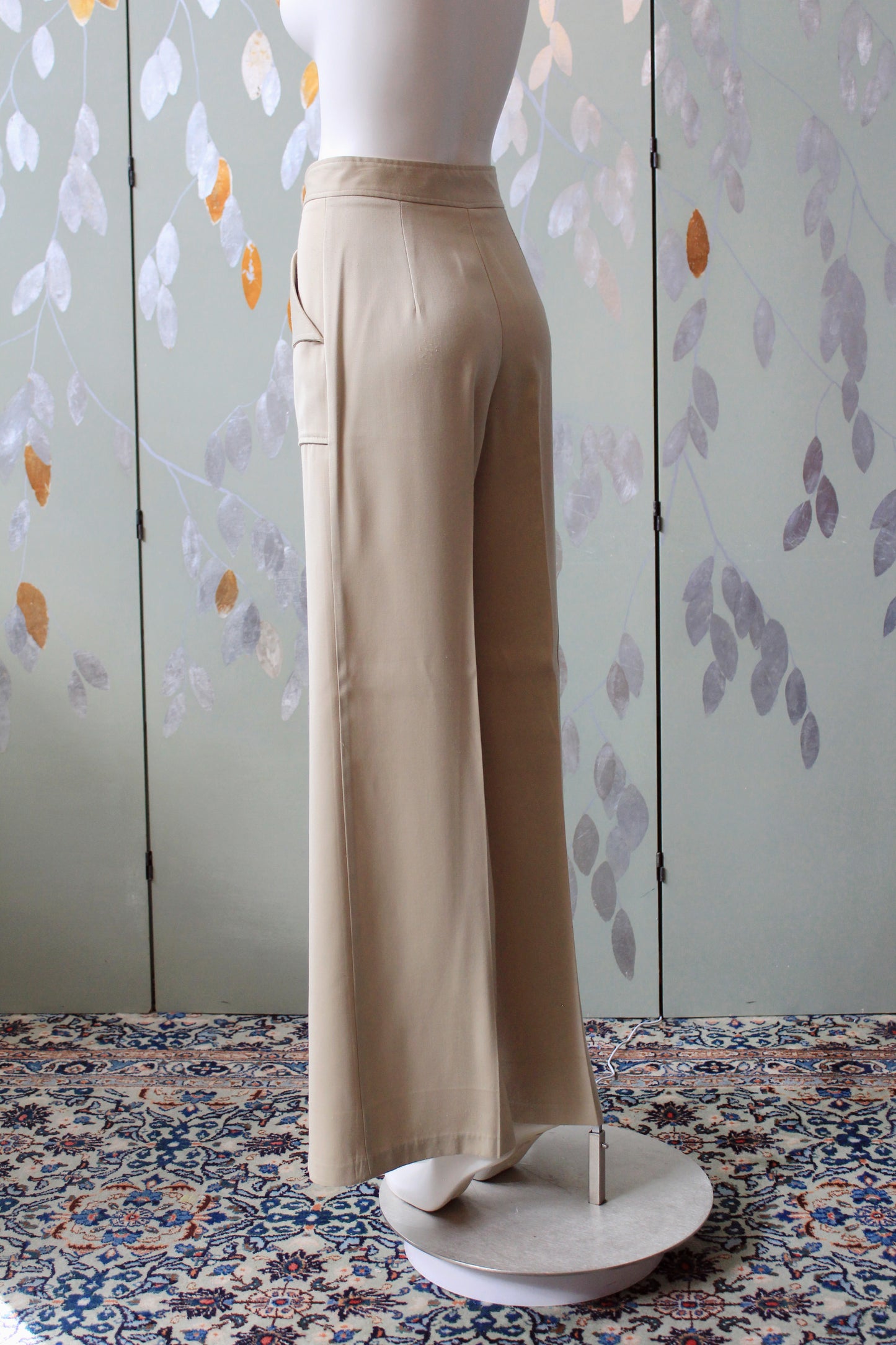 1970s Beige Wide Leg Pants With Large Pockets, XS