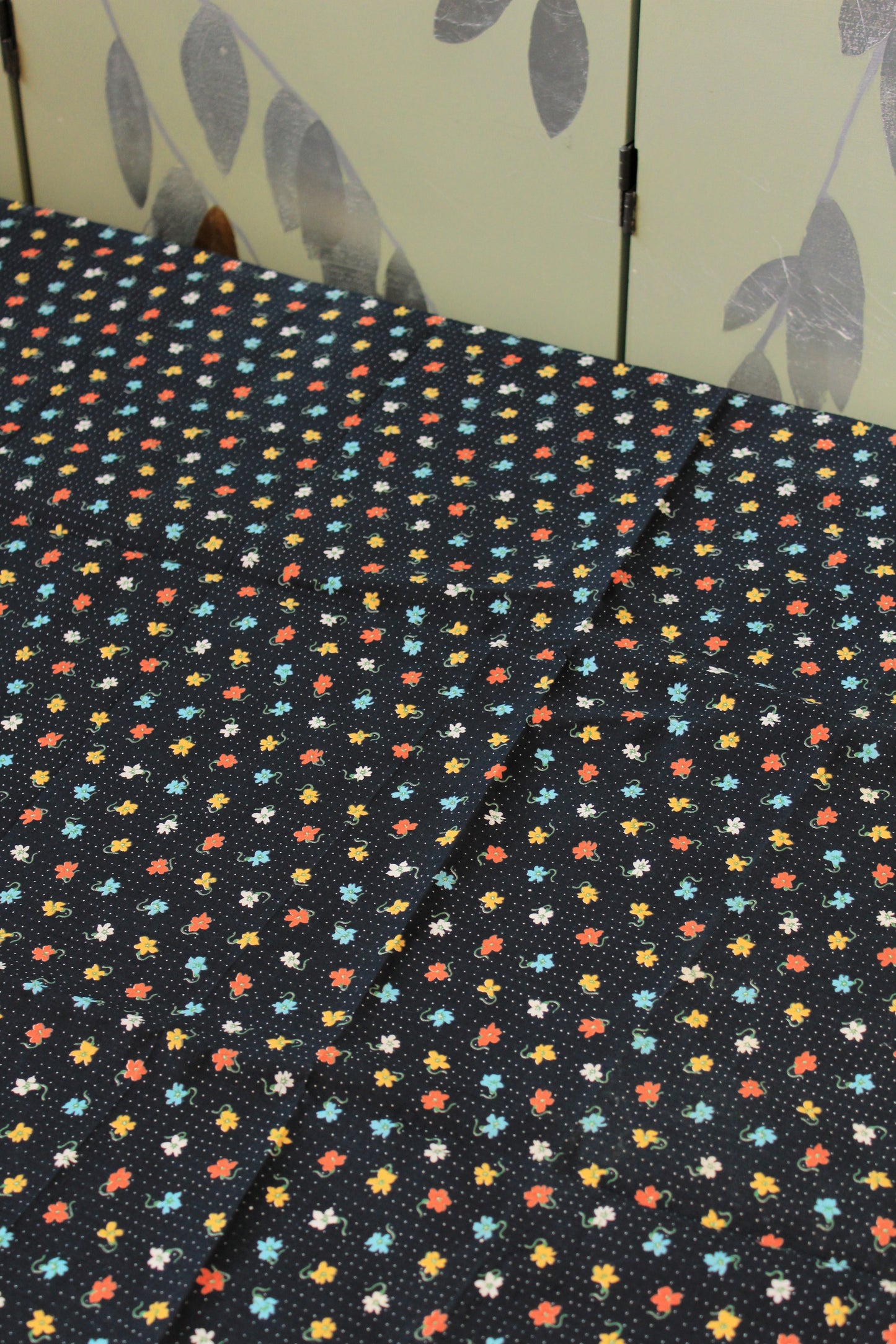1950s Black Polka Dot Cotton Fabric With Bright Coral/Yellow/Teal Flowers, 4.1 Yards