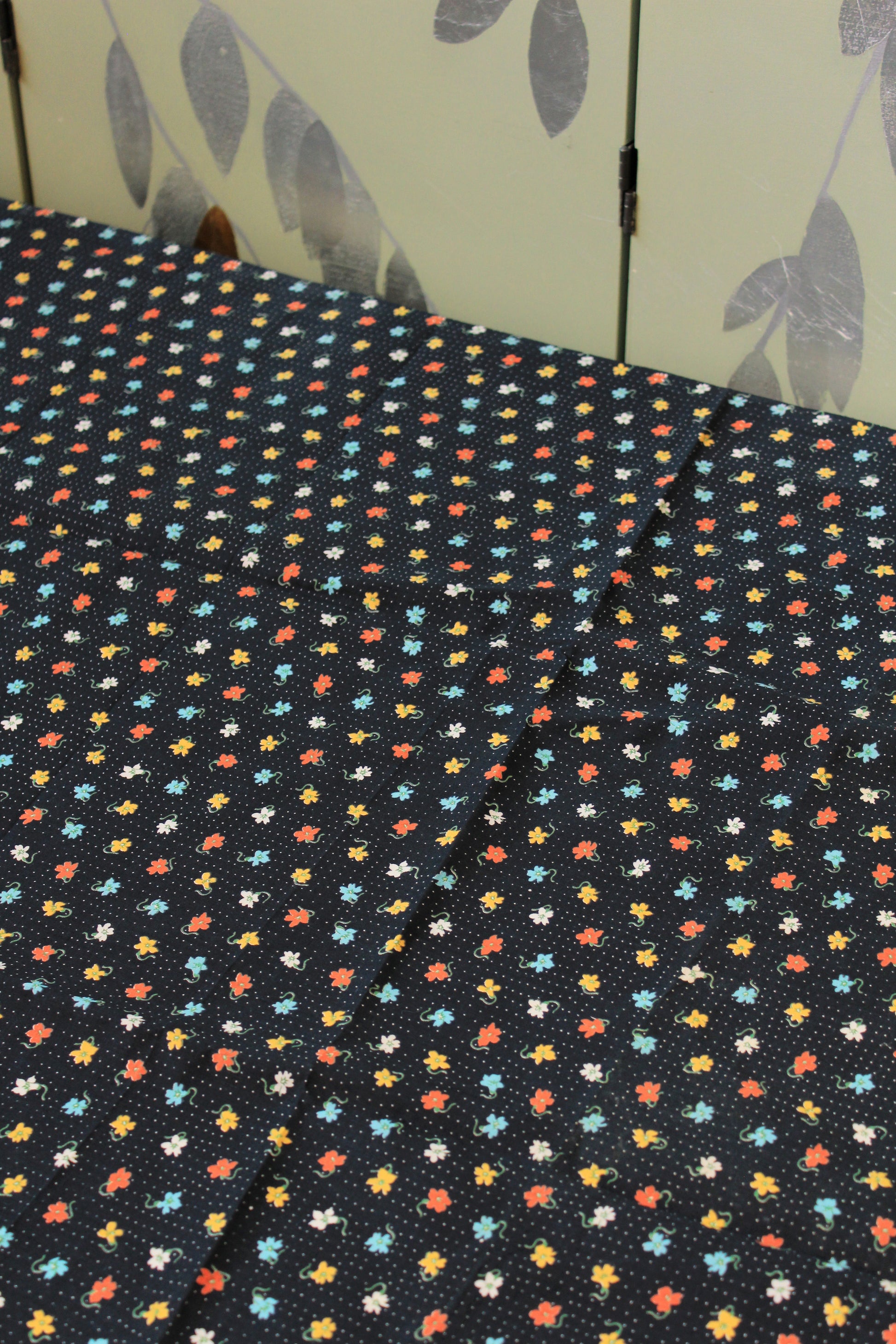 1950s Black Polka Dot Cotton Fabric With Bright Coral/Yellow/Teal Flowers, 4.1 Yards