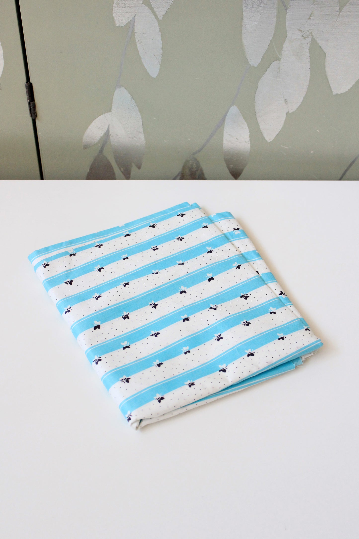 1950s Teal And White Striped Cotton Sewing Fabric With Butterflies, 3.3 Yards