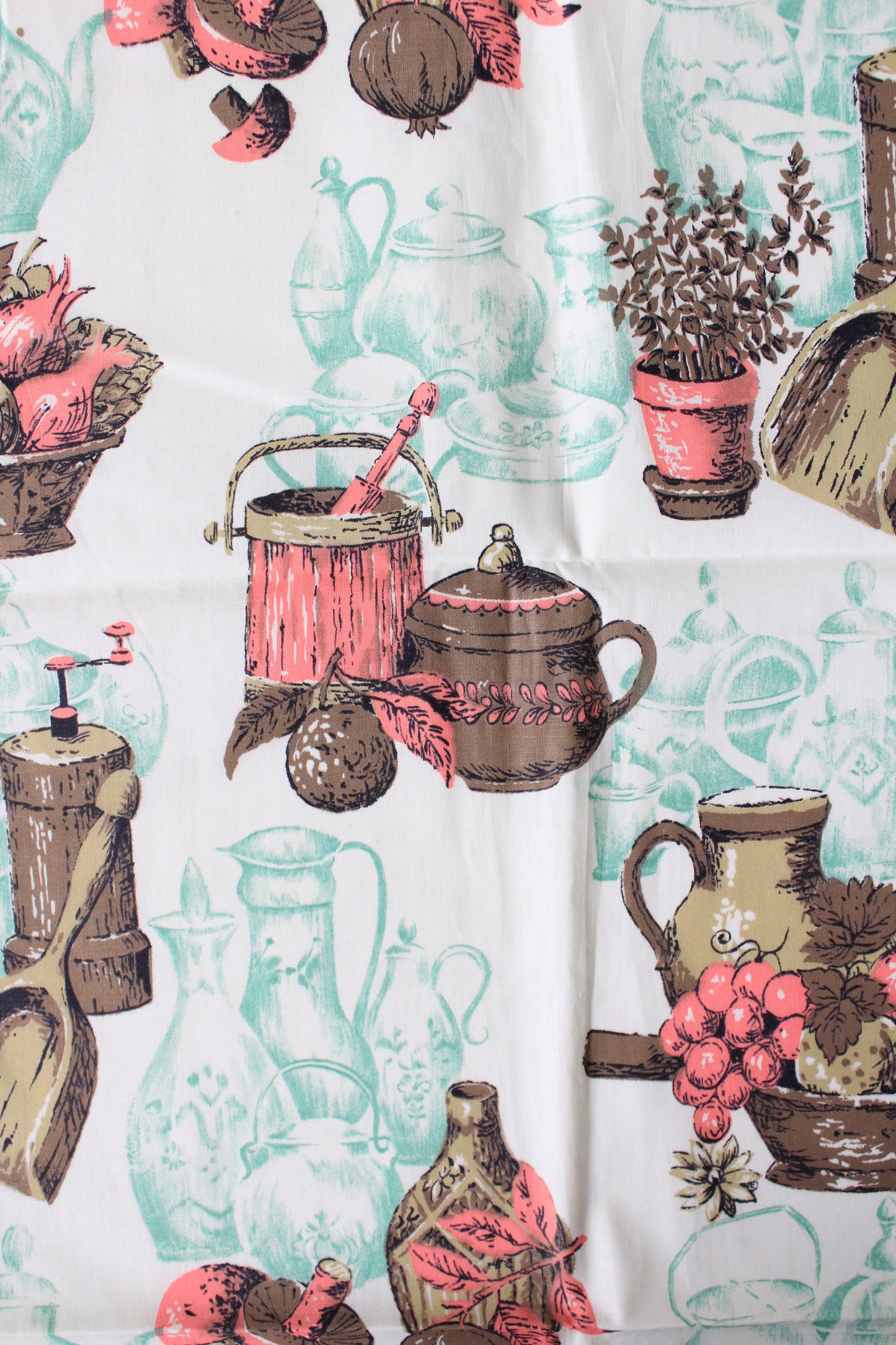 1960s Pink, Blue And Brown Fruit Basket Cotton Sewing Fabric, 2 Yards