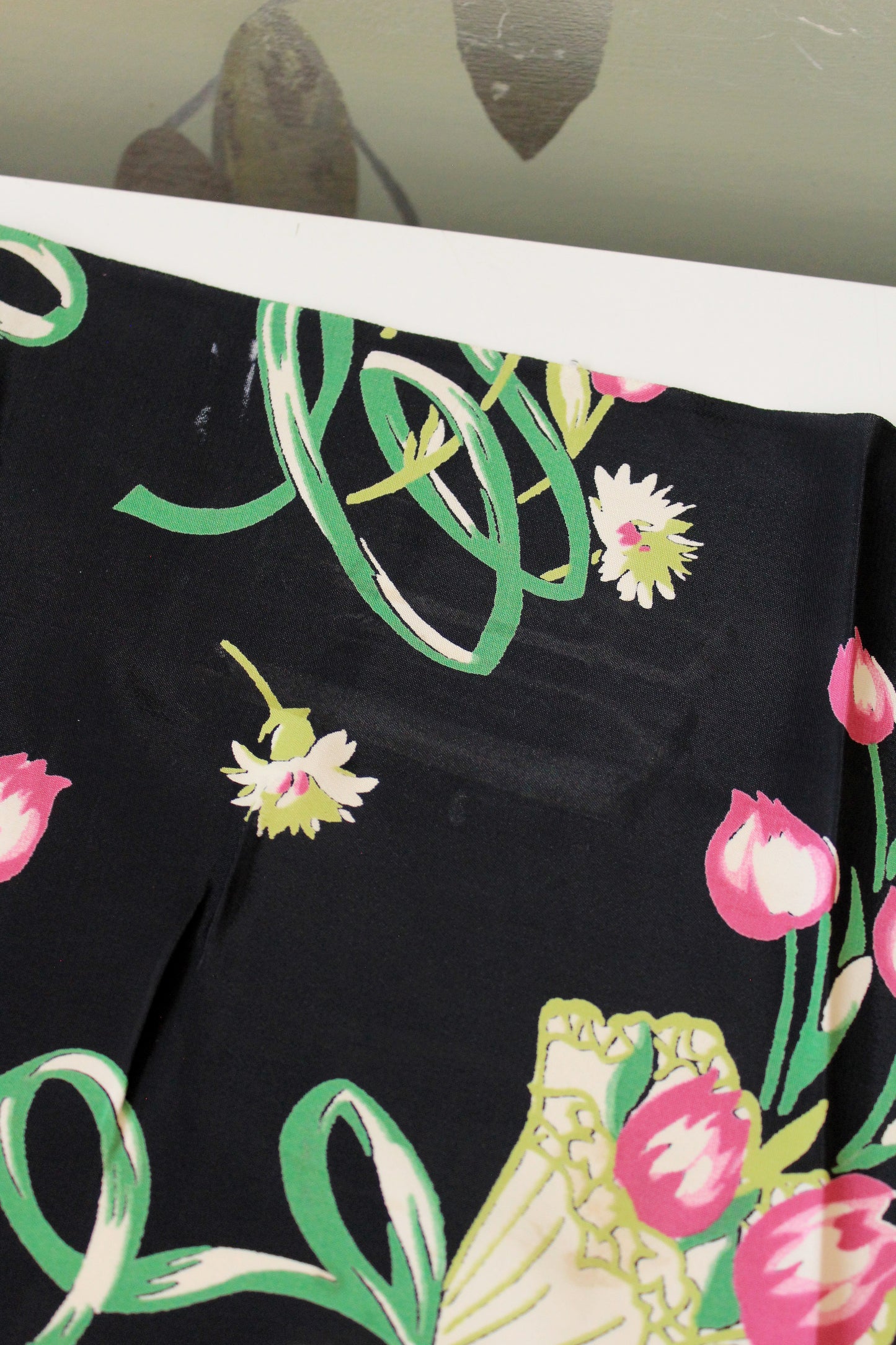 1940s Black Rayon Fabric With Pink And Green Tulip Bouquets, 5.5 Yards
