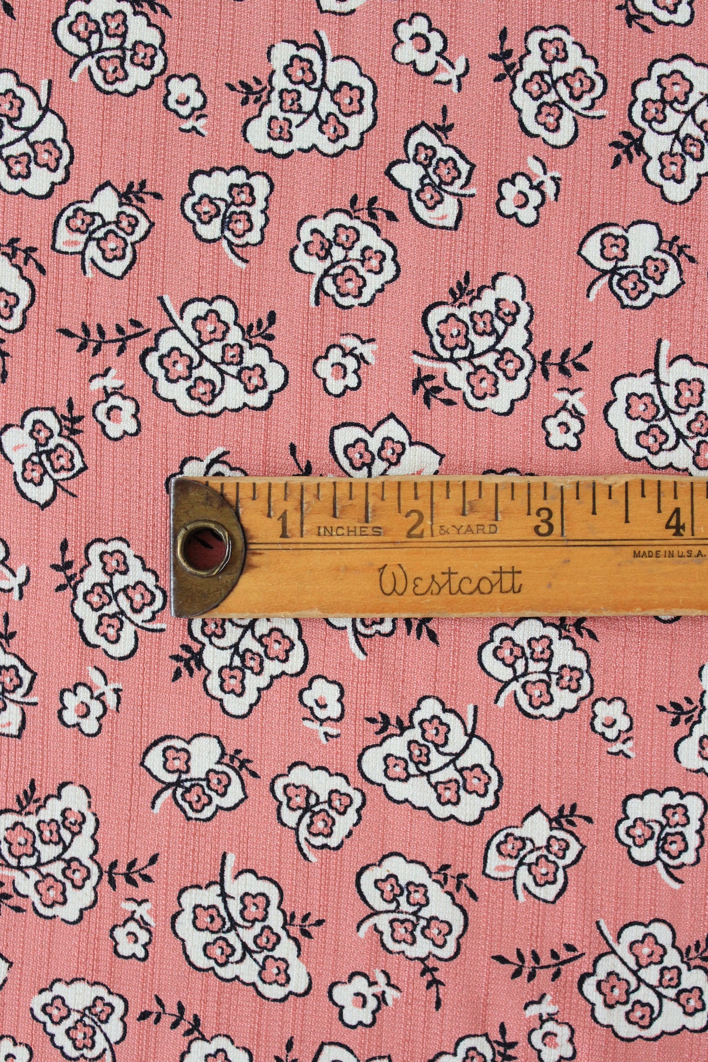 1940s Pink With White Illustrated Flowers Rayon Fabric, 3.3 Yards