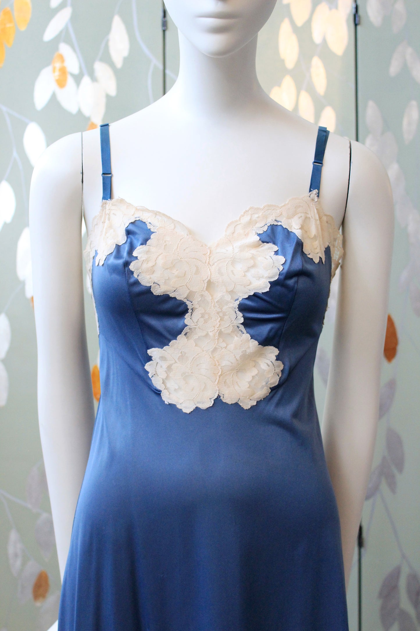 1990s Blue And Cream Nightgown Slip With Lace Trim, XS