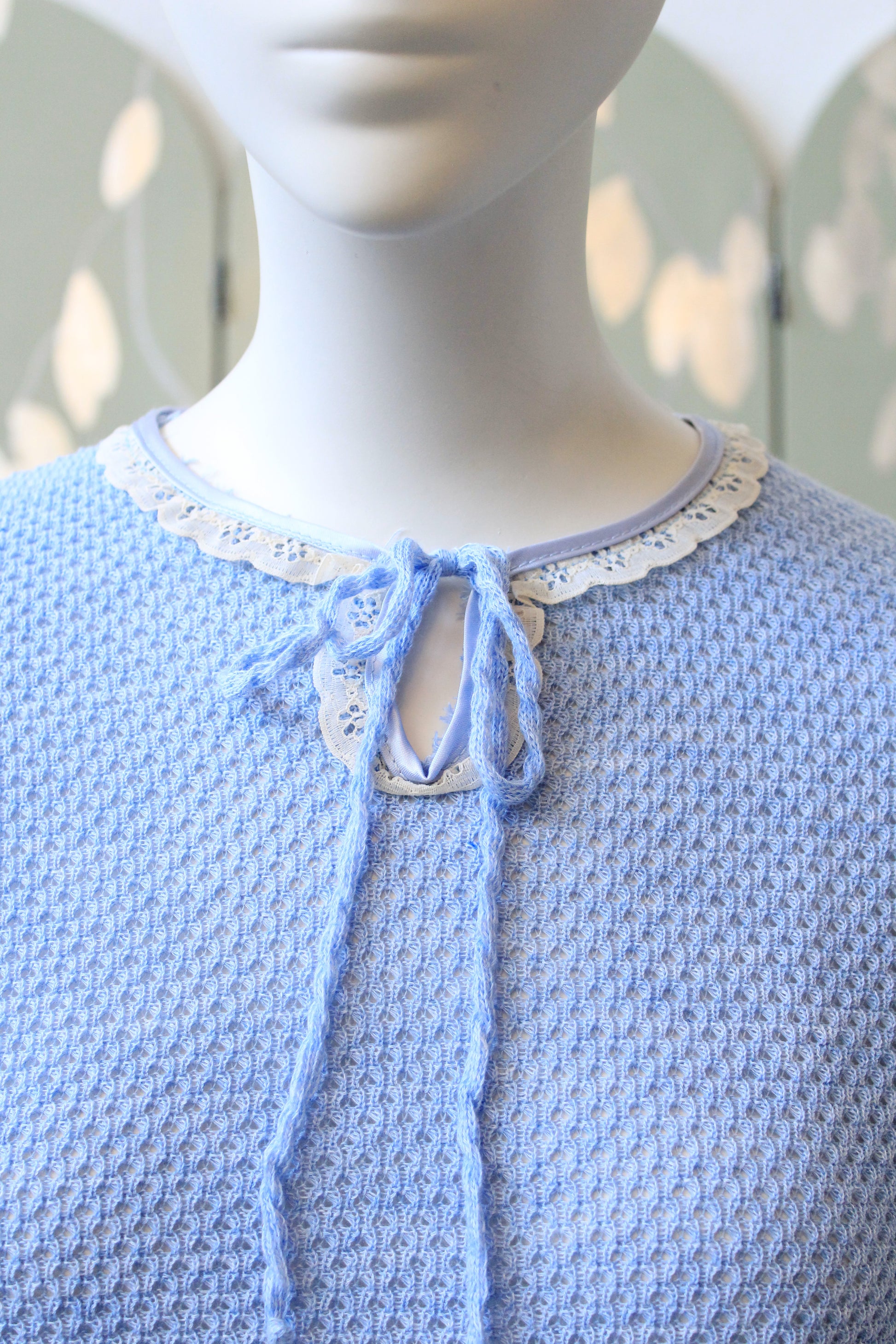 1980s Ultra Feminine Deadstock Short Sleeve Light Blue Knit Top With Lace Trim And Bow, Small