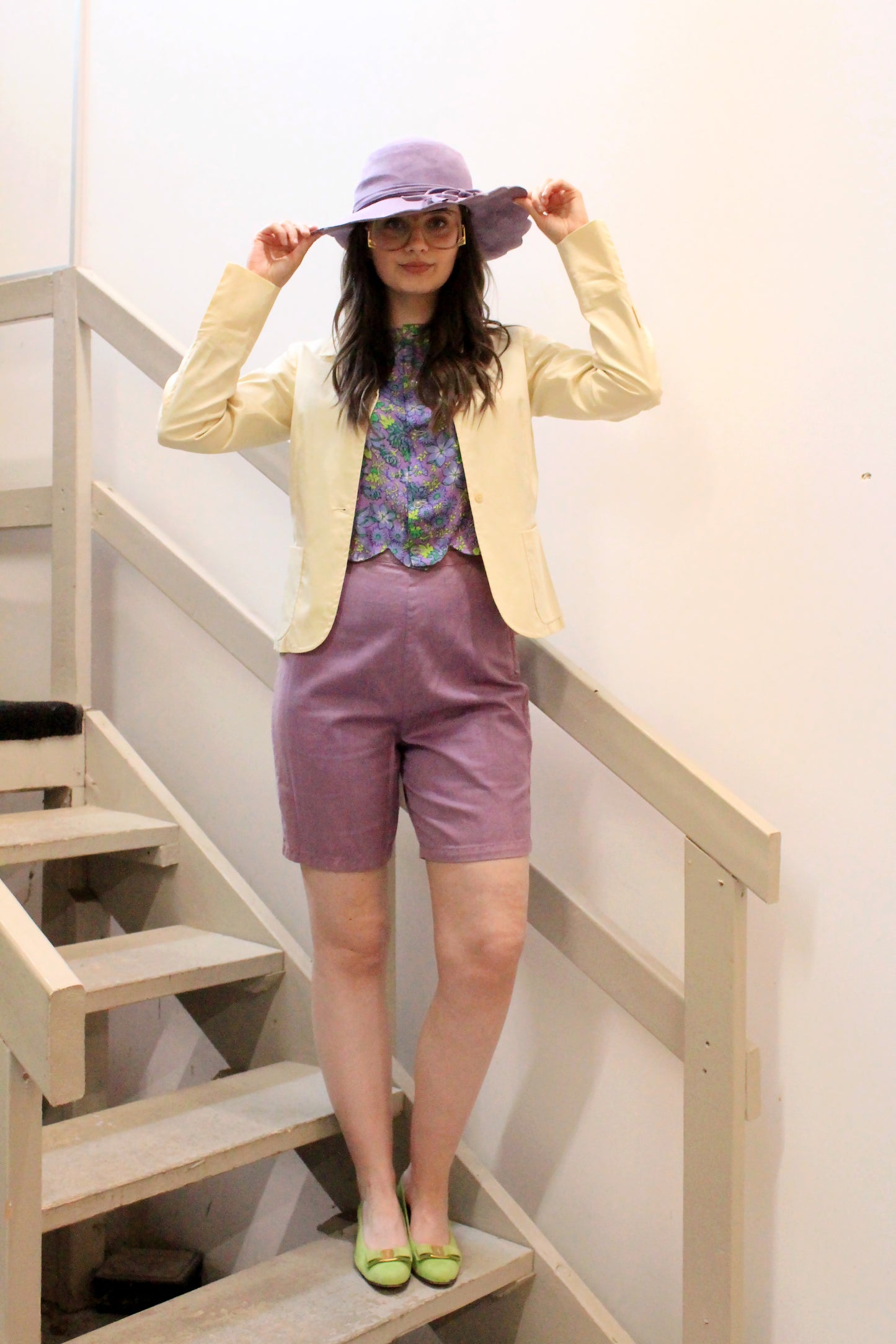 Vintage 1960s Purple and Green Floral Print Satin Sleeveless Cropped Top, Large