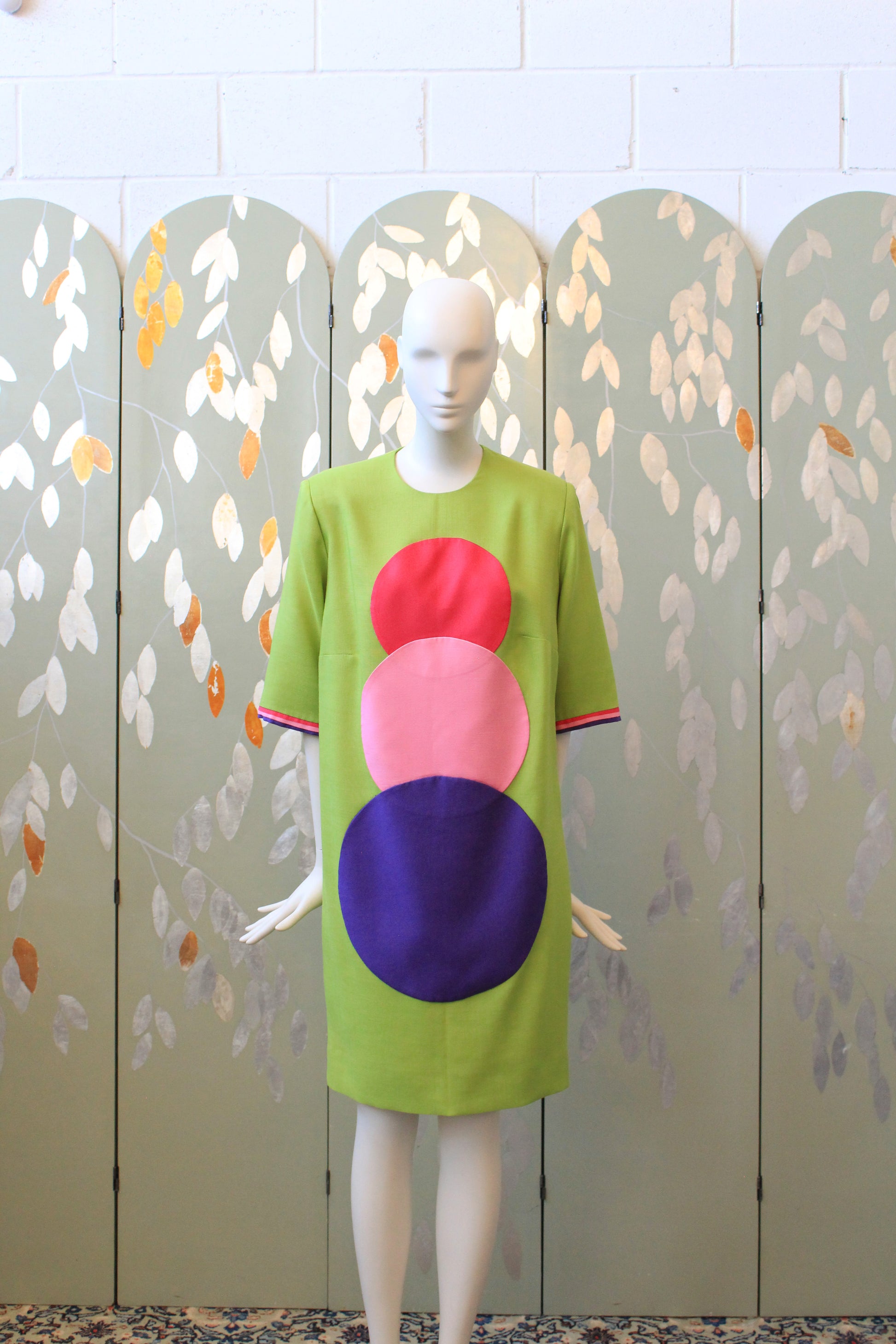 1980s Lime Green Colour Block Circle Shift Dress, Large