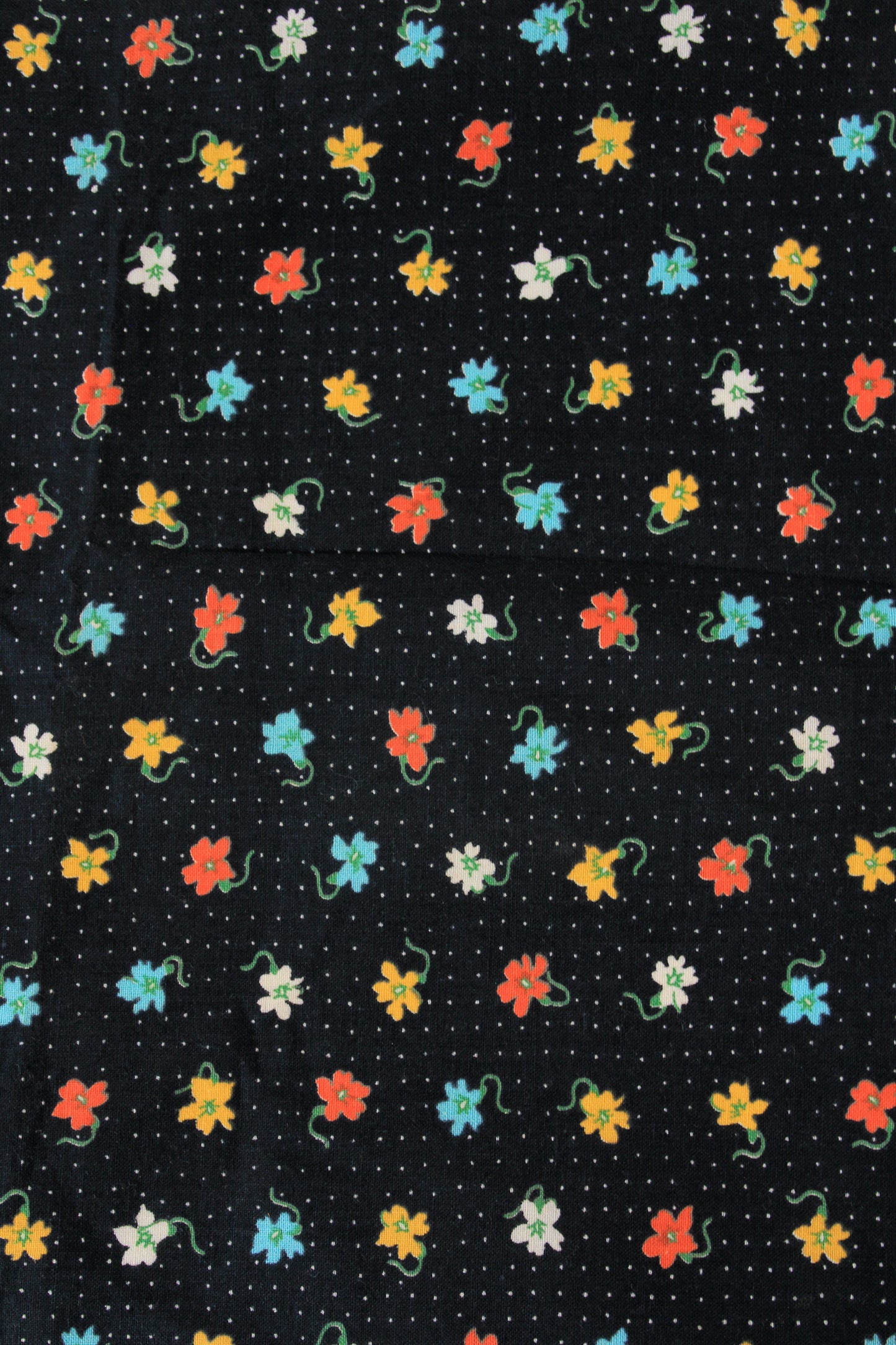 1950s Black Polka Dot Cotton Fabric With Bright Coral/Yellow/Teal Flowers, 4.1 Yards