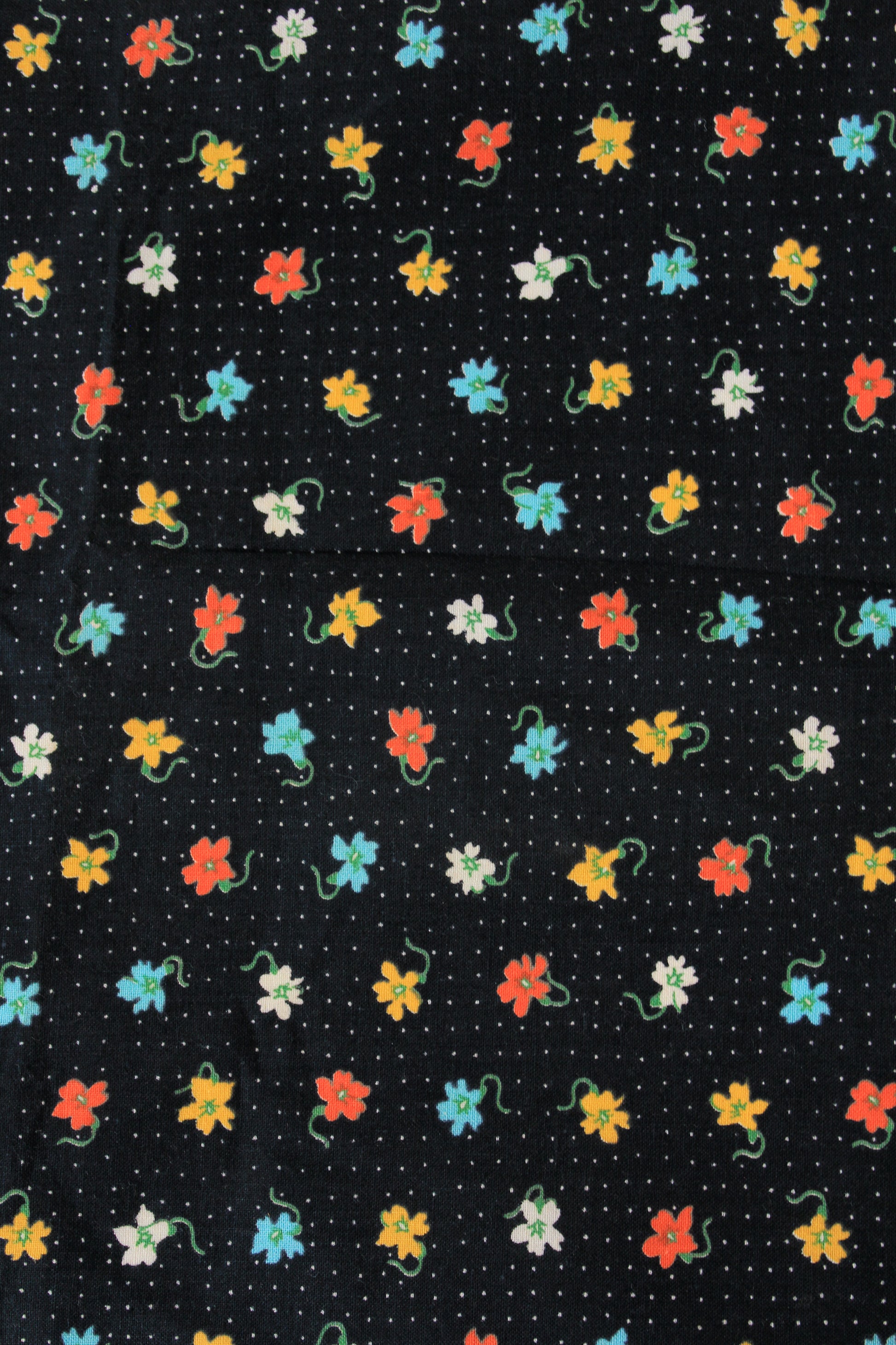1950s Black Polka Dot Cotton Fabric With Bright Coral/Yellow/Teal Flowers, 4.1 Yards