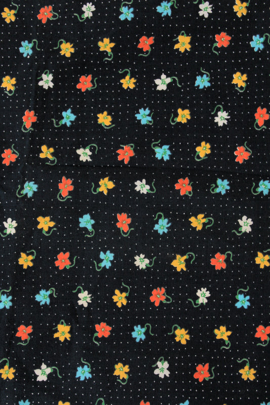 1950s Black Polka Dot Cotton Fabric With Bright Coral/Yellow/Teal Flowers, 4.1 Yards
