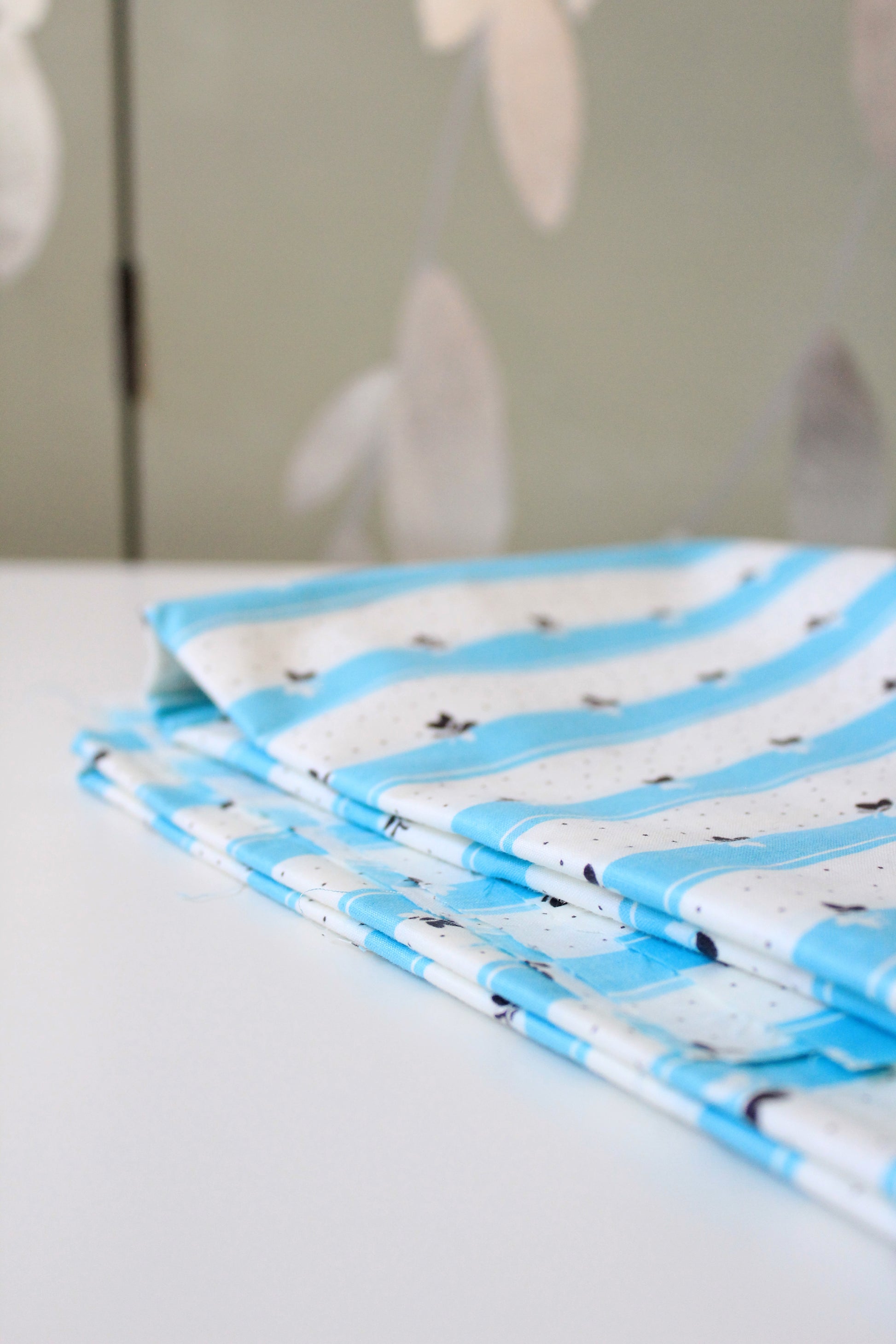 1950s Teal And White Striped Cotton Sewing Fabric With Butterflies, 3.3 Yards