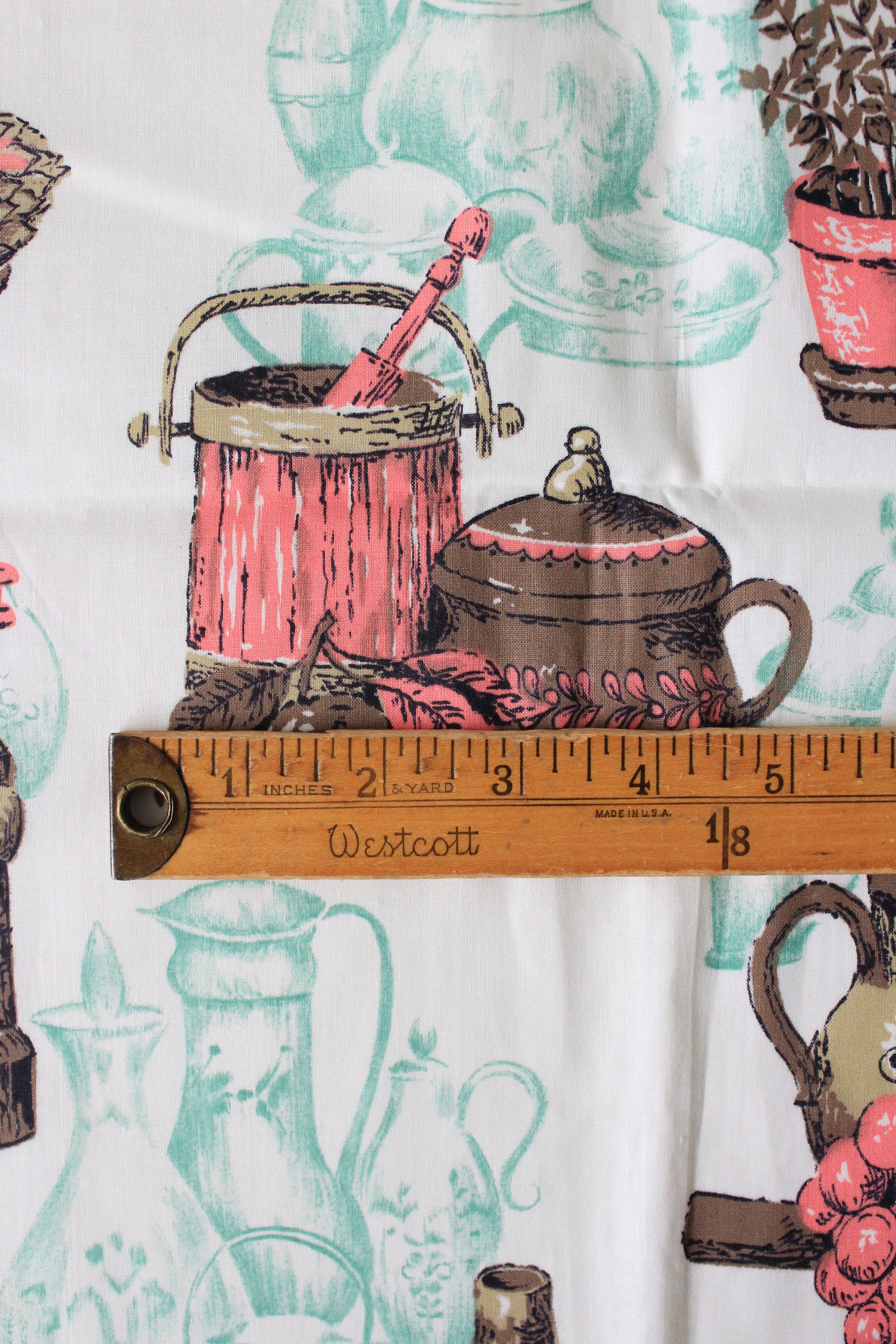 1960s Pink, Blue And Brown Fruit Basket Cotton Sewing Fabric, 2 Yards