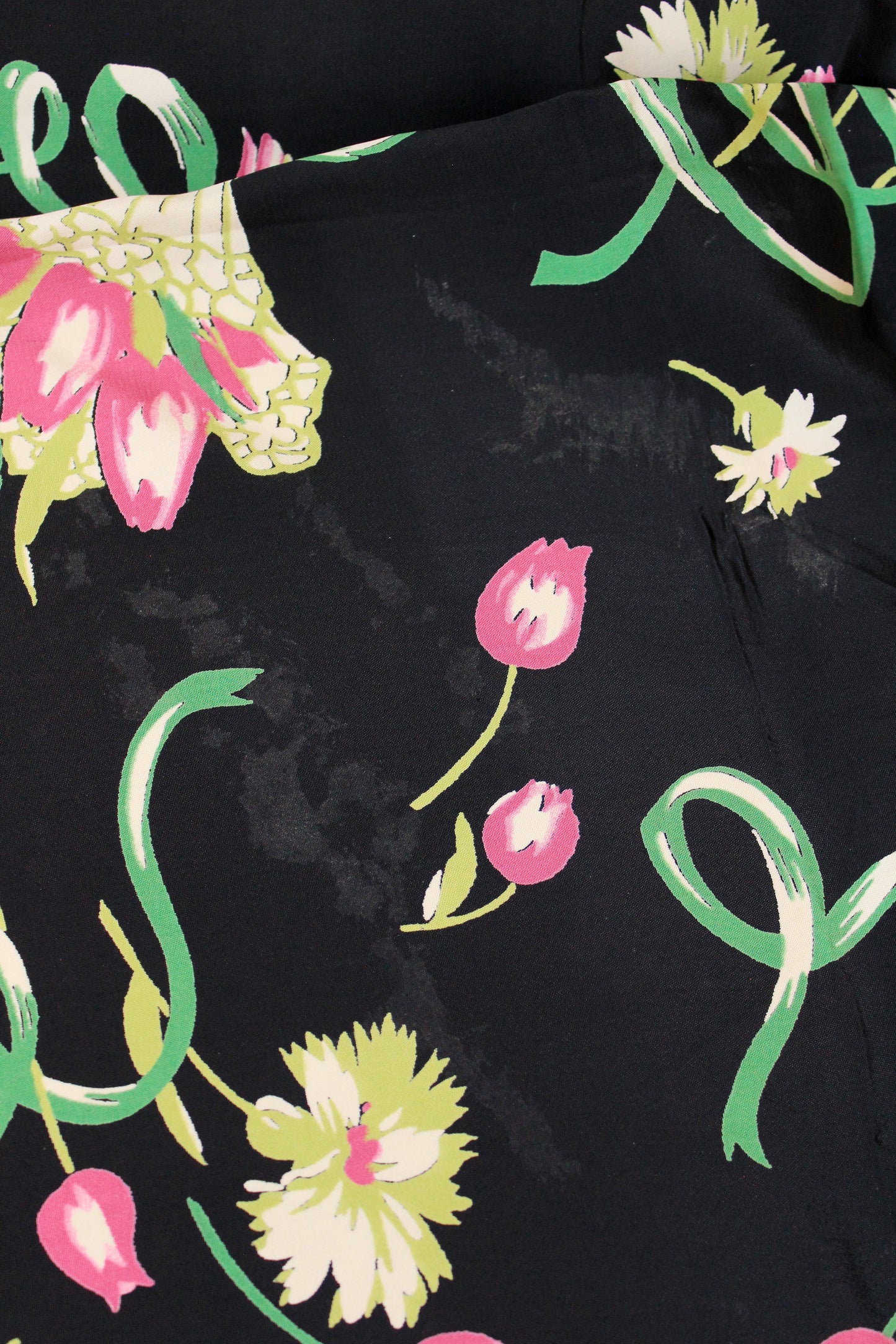 1940s Black Rayon Fabric With Pink And Green Tulip Bouquets, 5.5 Yards