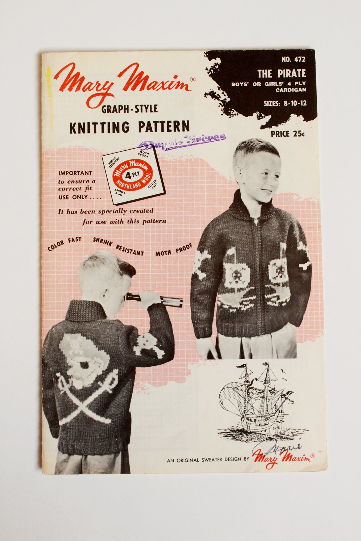 1950s Mary Maxim Boys Or Girls 4 ply Kitting Pattern 472, Pirate Cardigan