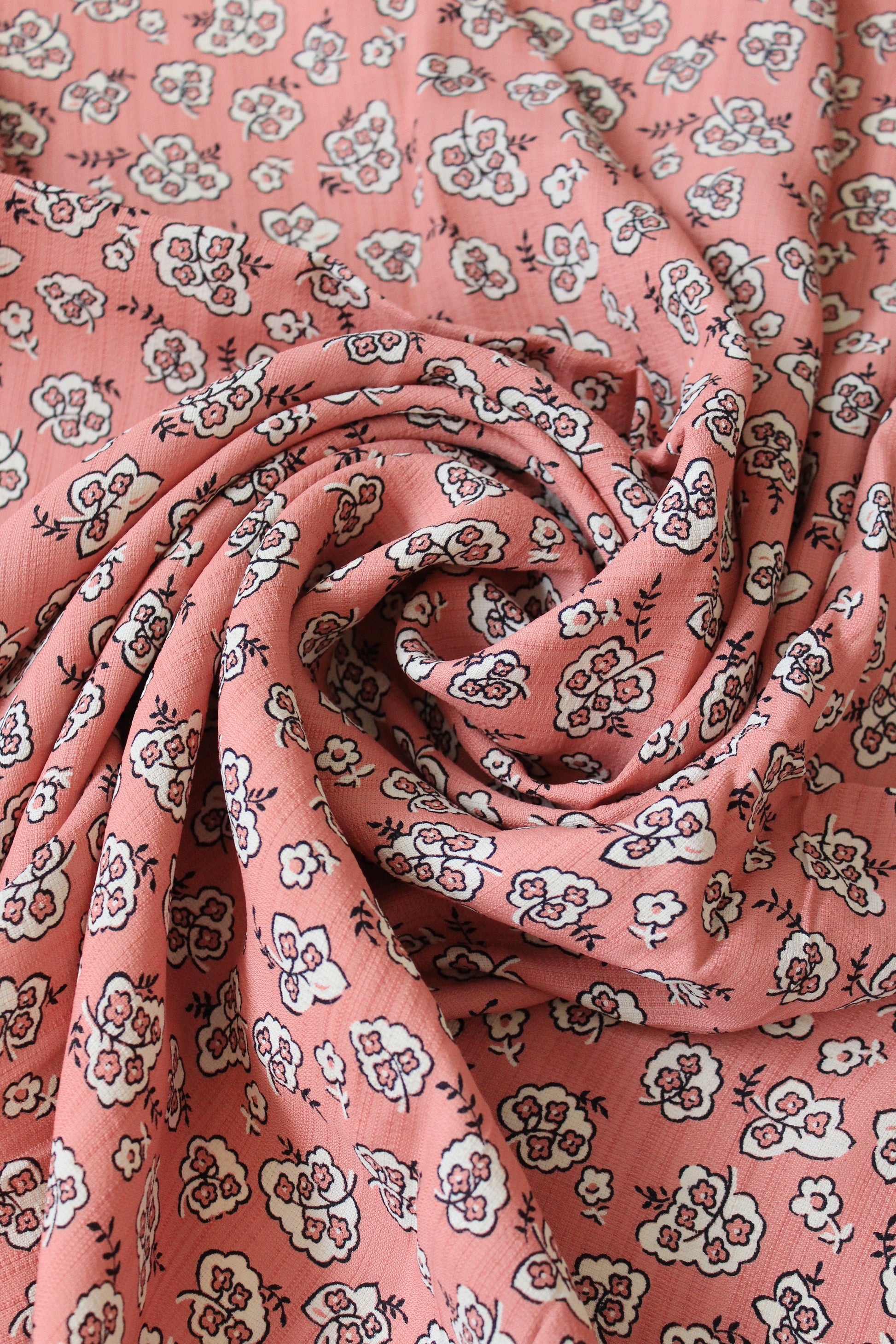 1940s Pink With White Illustrated Flowers Rayon Fabric, 3.3 Yards
