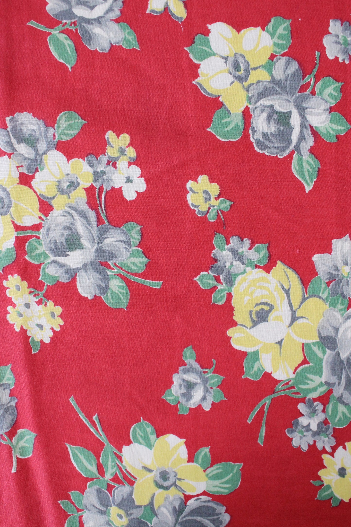1950s Deep Pink With Yellow And Grey Flower Cotton Sewing Fabric, 5 Yards