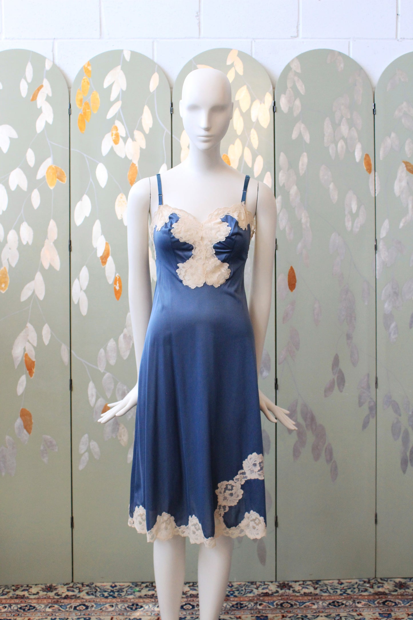 1990s Blue And Cream Nightgown Slip With Lace Trim, XS