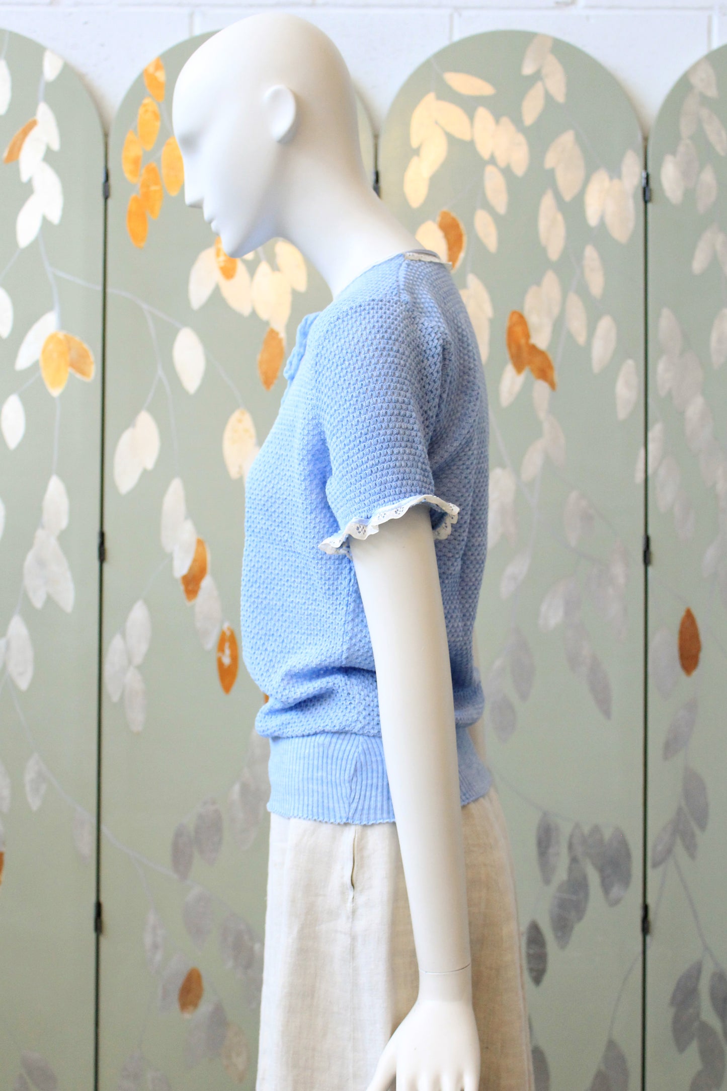 1980s Ultra Feminine Deadstock Short Sleeve Light Blue Knit Top With Lace Trim And Bow, Small