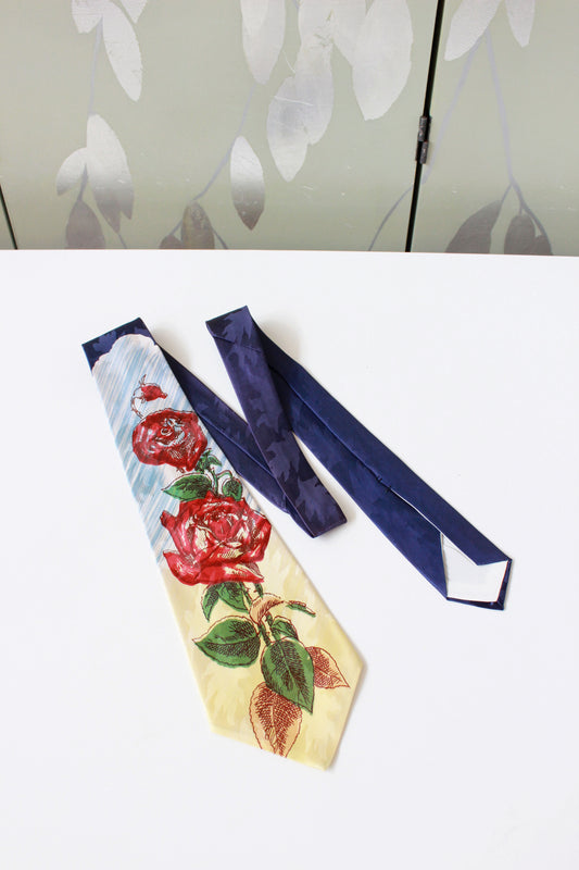 Vintage Late 1940s/Early 1950s Blue Red Rose Rayon Hand Painted Tie