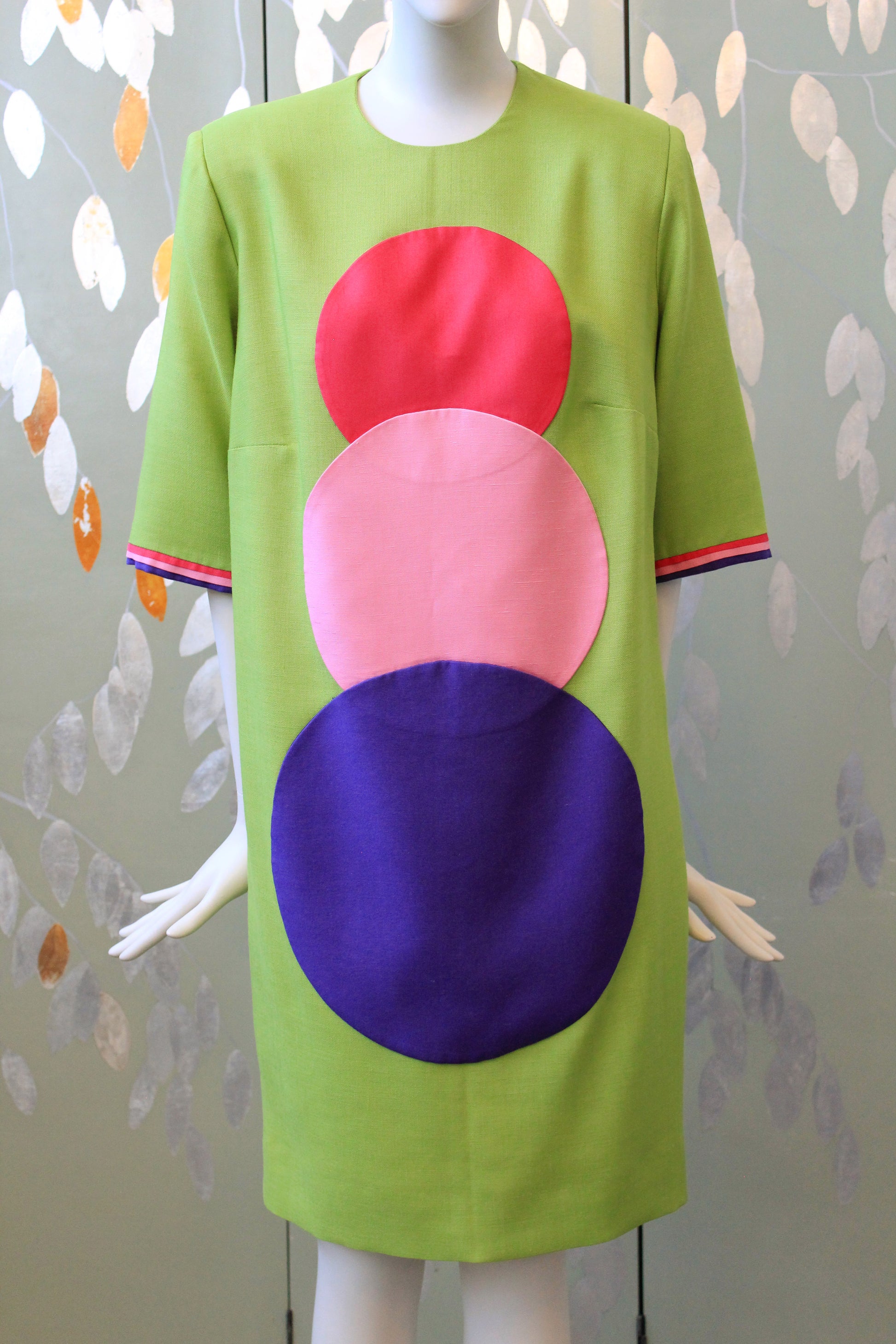1980s Lime Green Colour Block Circle Shift Dress, Large