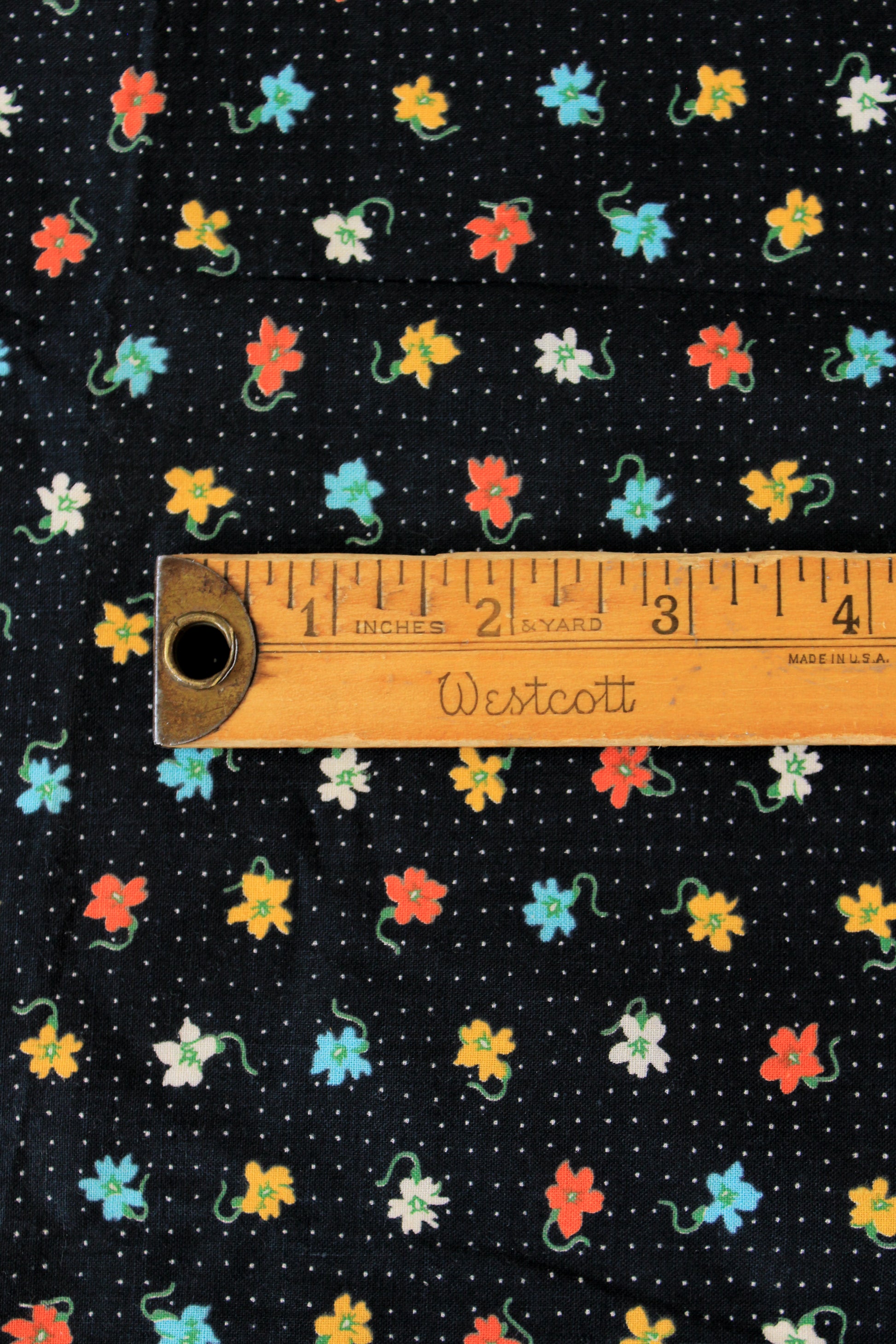 1950s Black Polka Dot Cotton Fabric With Bright Coral/Yellow/Teal Flowers, 4.1 Yards
