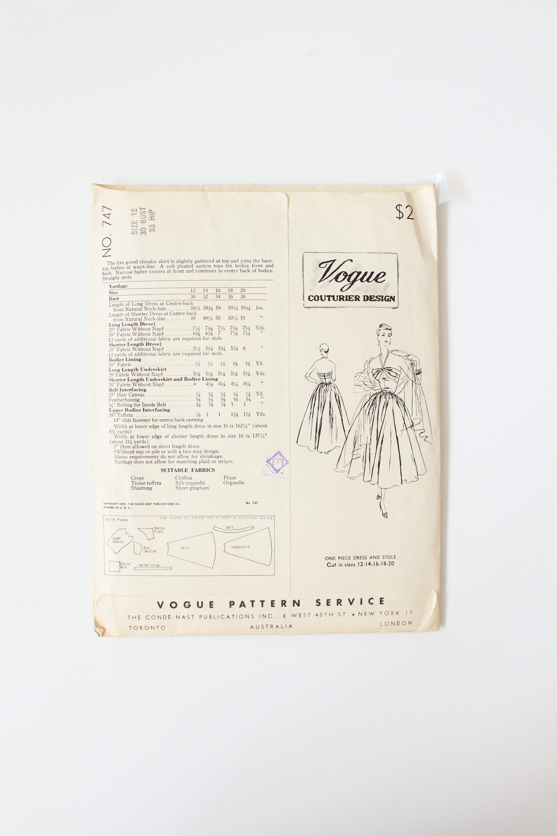 1950s Halter Dress Vogue Couturier Design 747 Sewing Pattern, Cut-Comp Ian Drummond Vintage 1950s Halter Dress Vogue Couturier Design 747 Sewing Pattern, Cut-Comp Ian Drummond Vintage