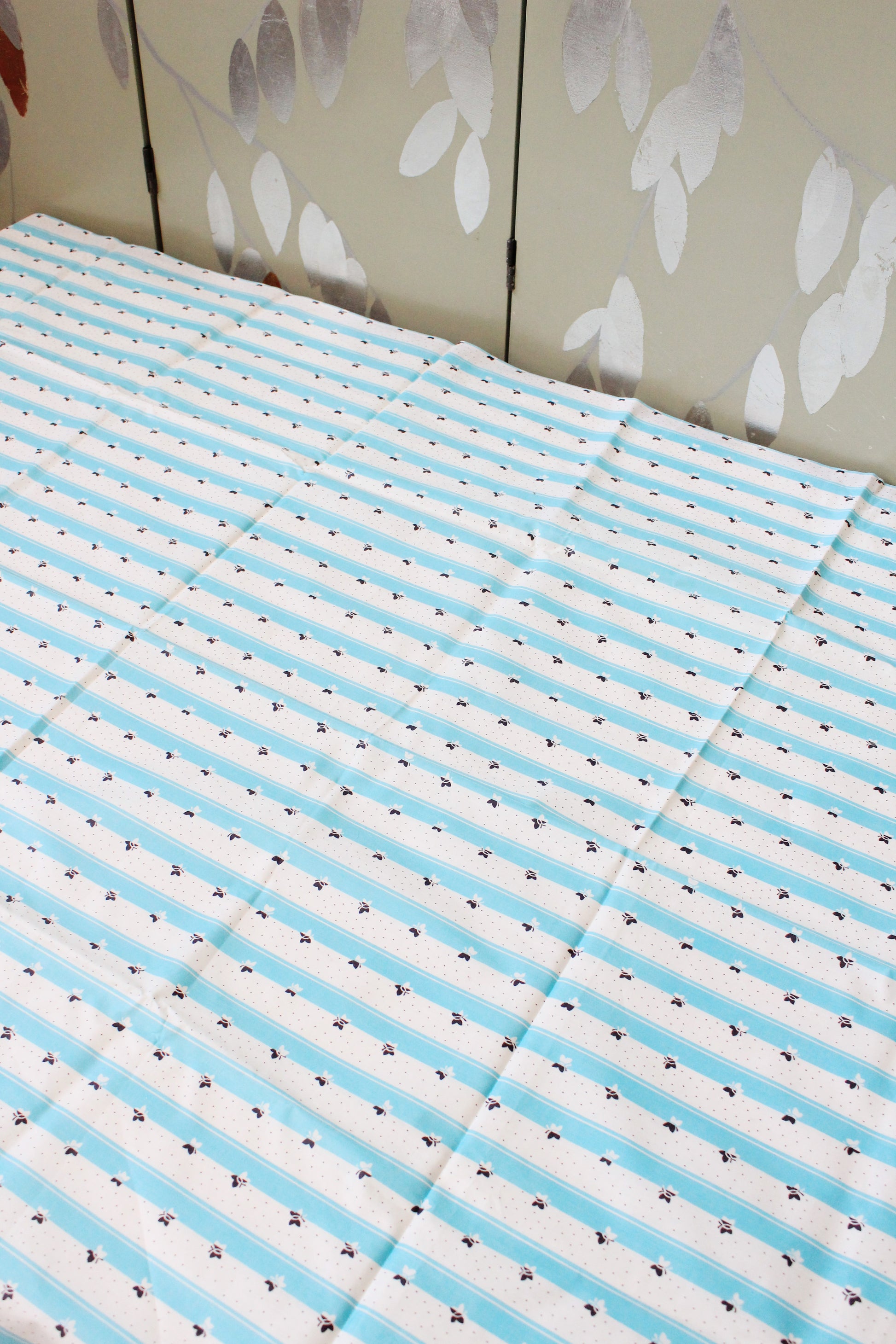 1950s Teal And White Striped Cotton Sewing Fabric With Butterflies, 3.3 Yards