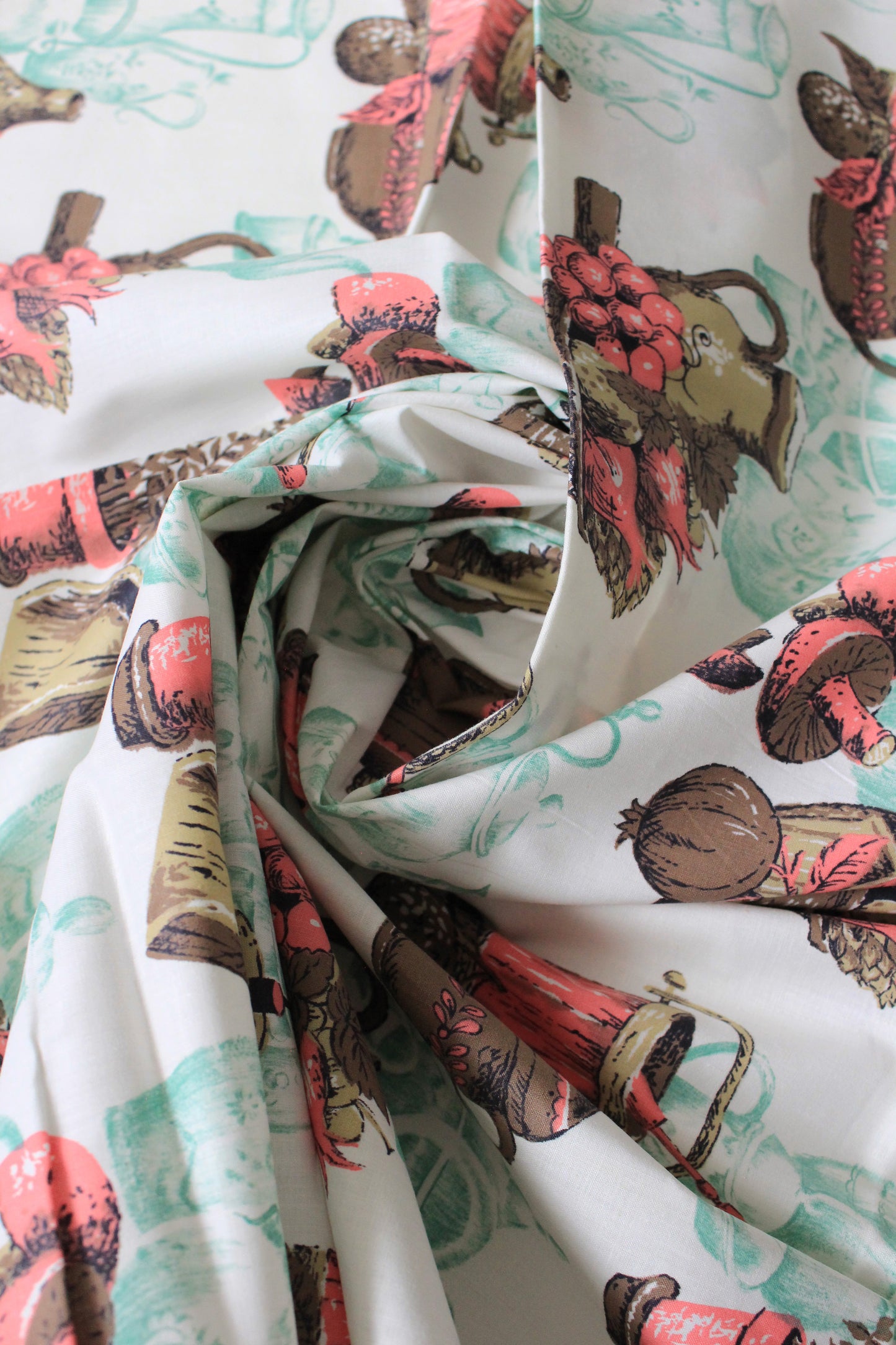 1960s Pink, Blue And Brown Fruit Basket Cotton Sewing Fabric, 2 Yards