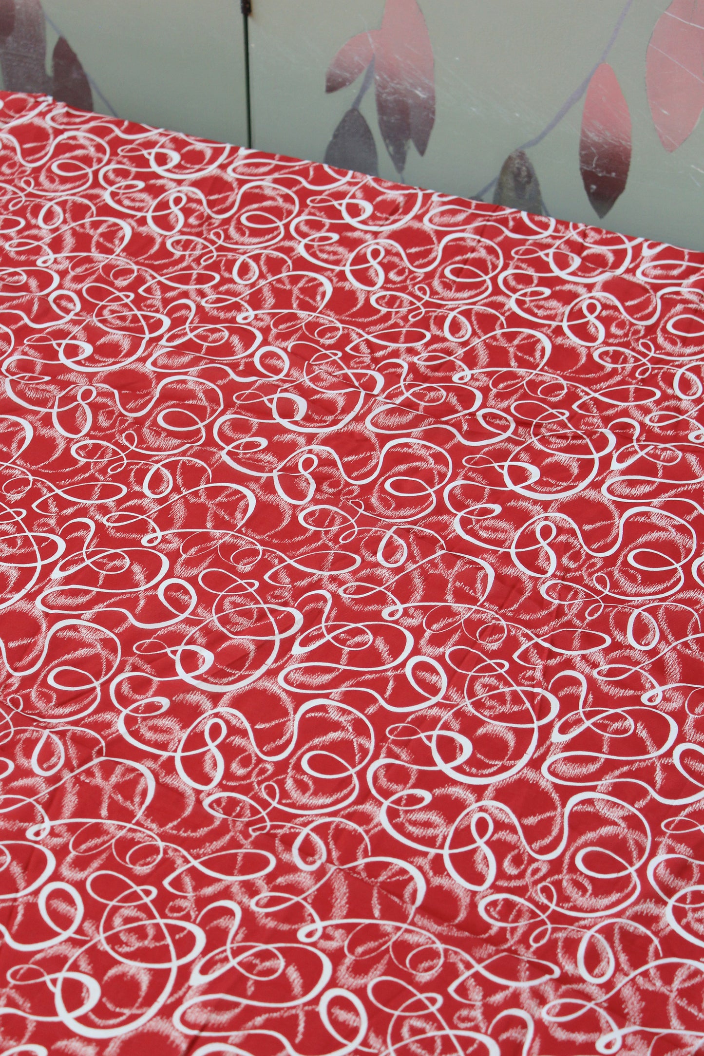 1940s Red And White Swirl Print Rayon Sewing Fabric, 3.1 Yards