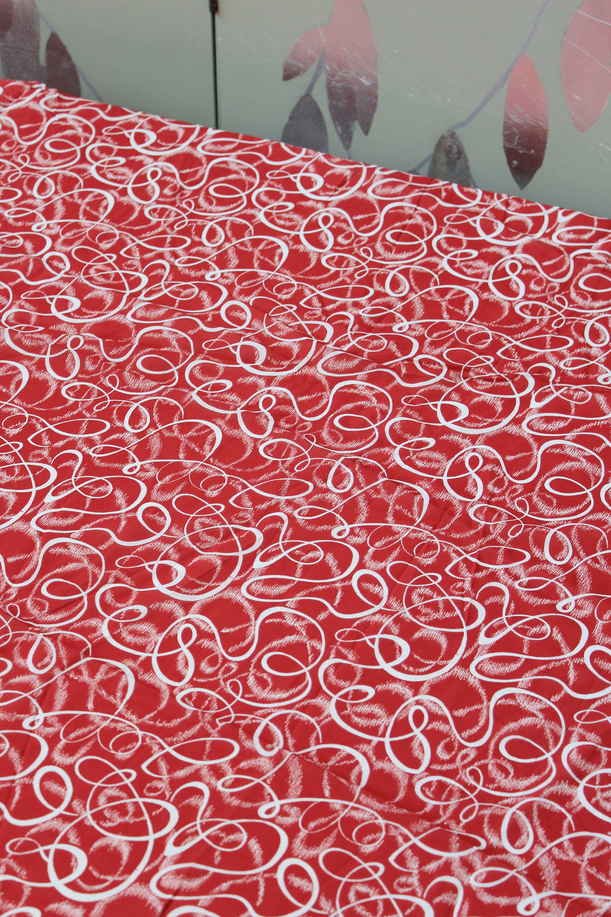 1940s Red And White Swirl Print Rayon Sewing Fabric, 3.1 Yards