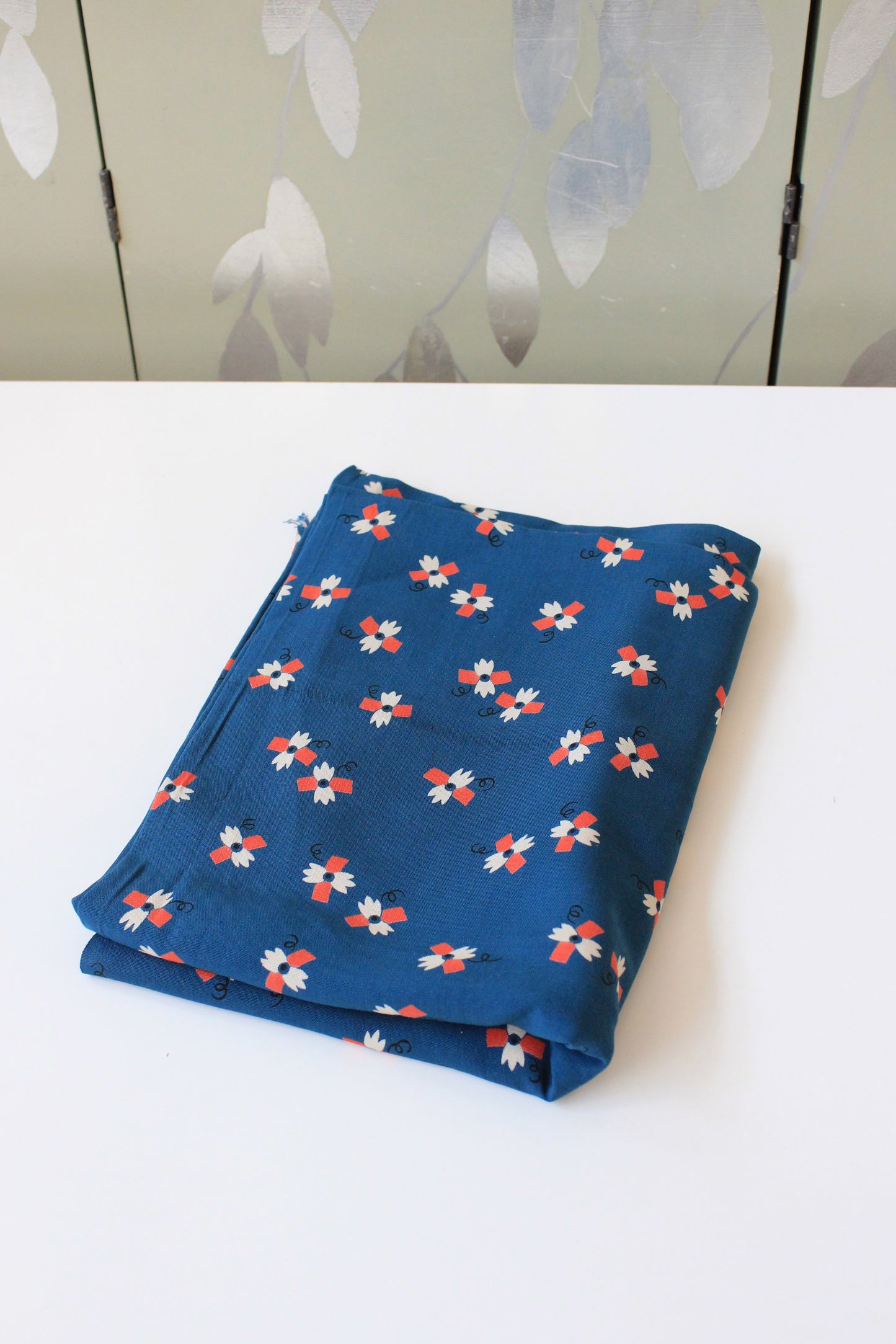 1940s Cobalt Blue White Orange And White Abstract Pattern,  Rayon Fabric, 3.5 Yards