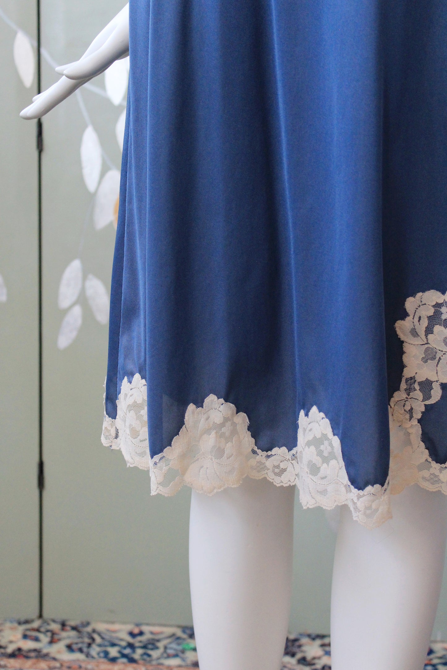 1990s Blue And Cream Nightgown Slip With Lace Trim, XS