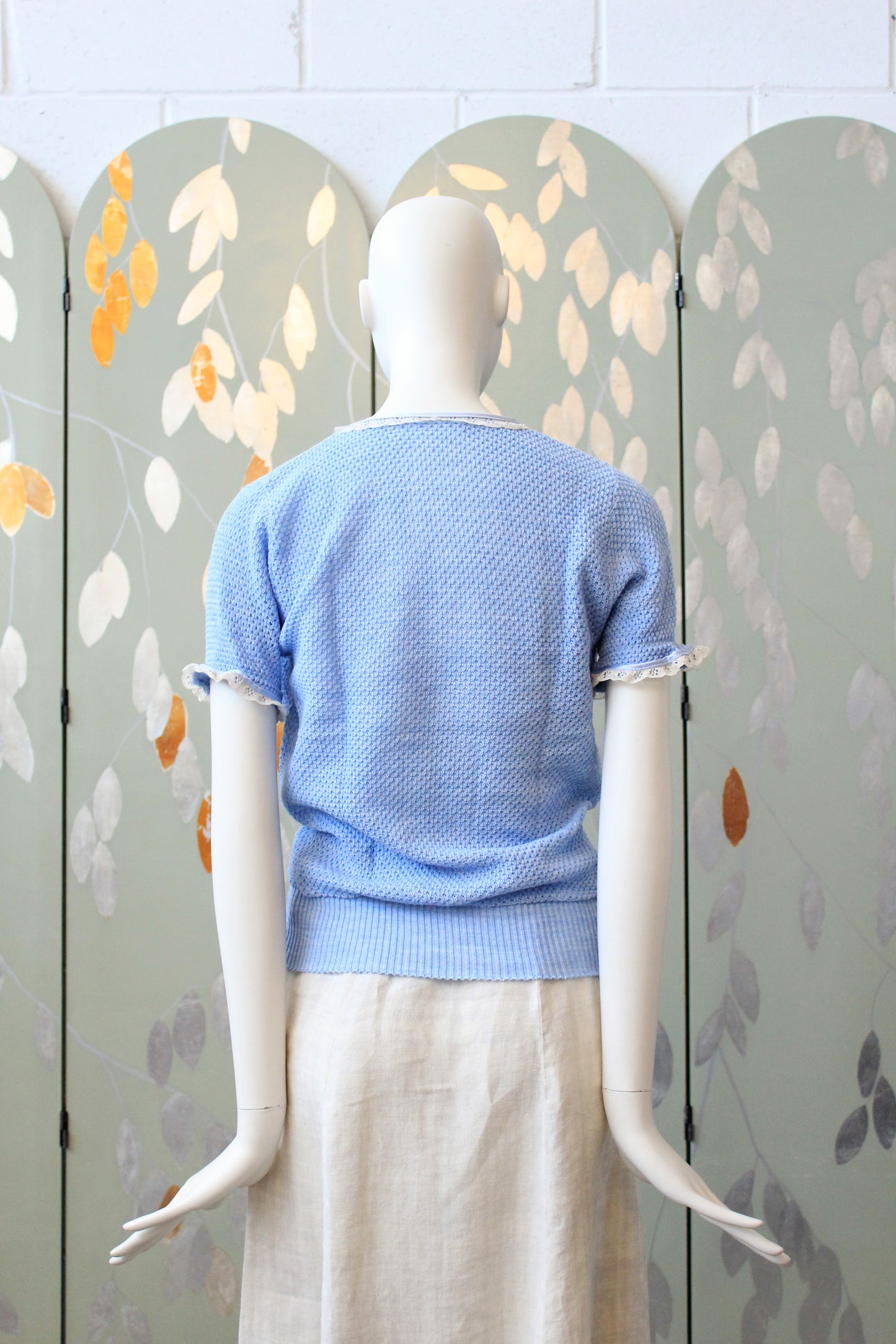 1980s Ultra Feminine Deadstock Short Sleeve Light Blue Knit Top With Lace Trim And Bow, Small