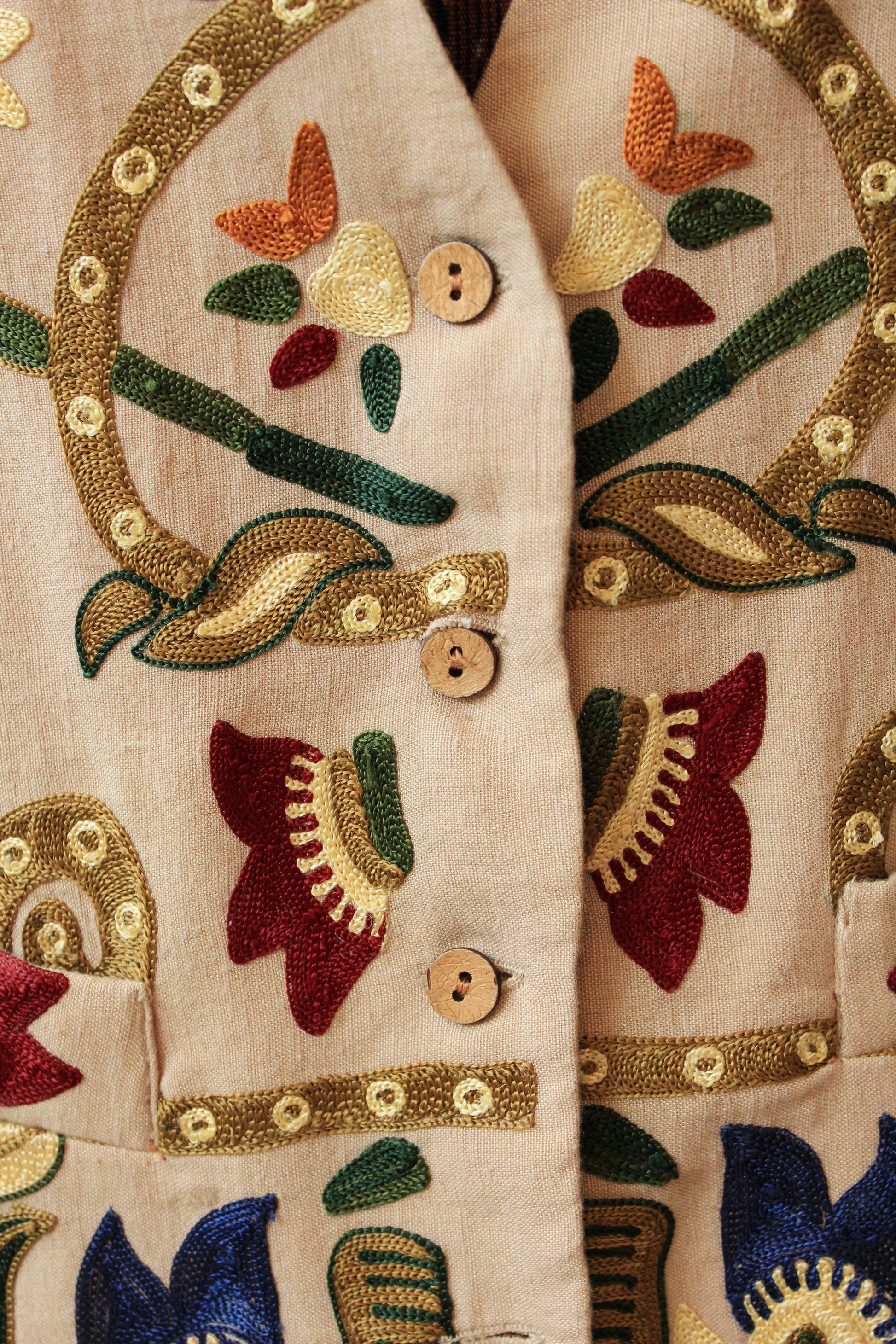 Whimsical Cream Floral and Bird Embroidered Vest, Made In India, Large