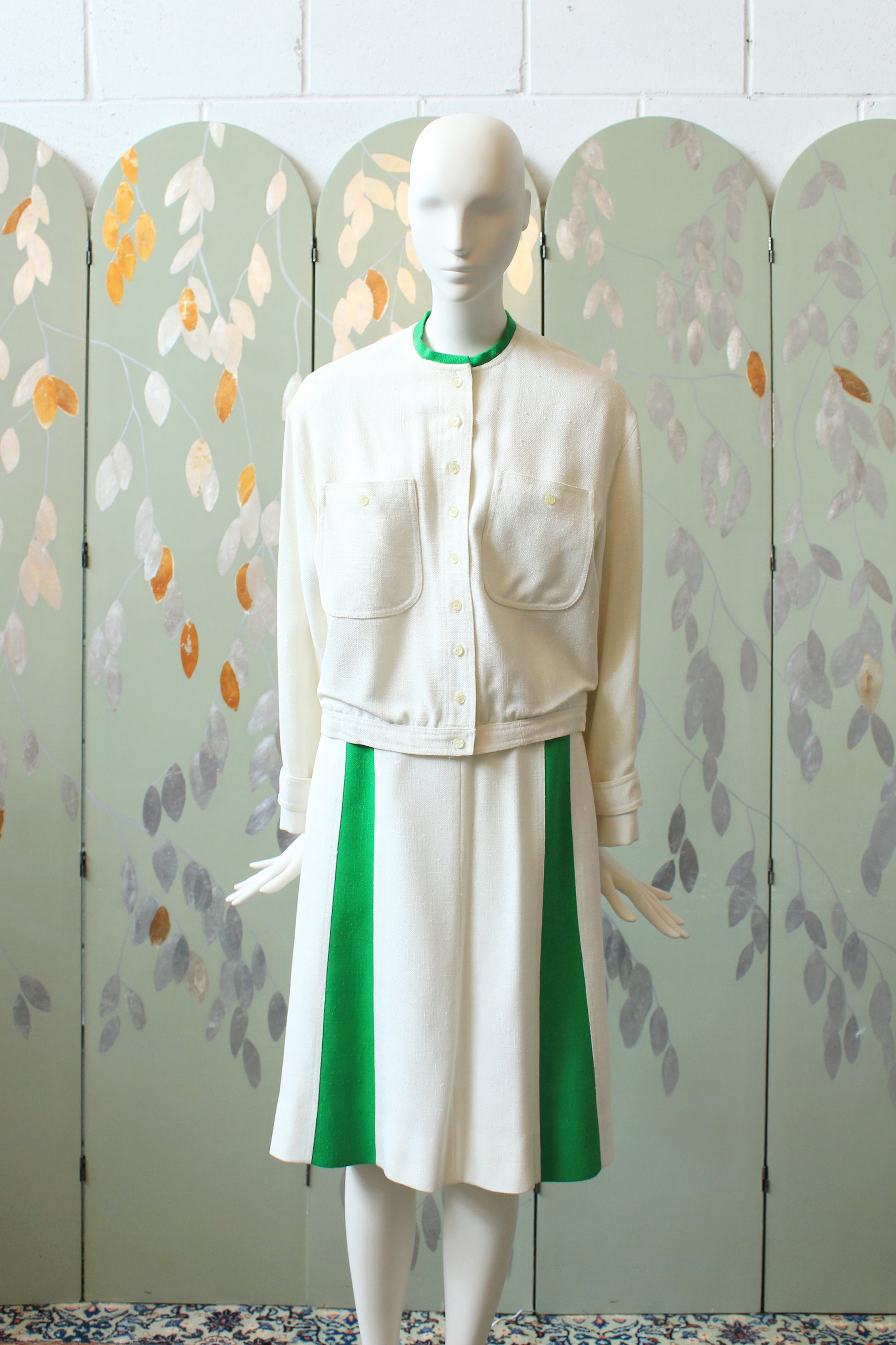 1970s/80s Sporty Anne Klein White/Green Skirt And Jacket 2 PC Matching Set, Large