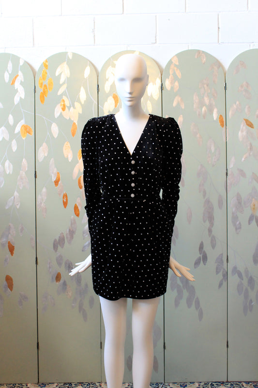 Self Portrait Black Puff Sleeve Diamanté Velvet Dress, XS