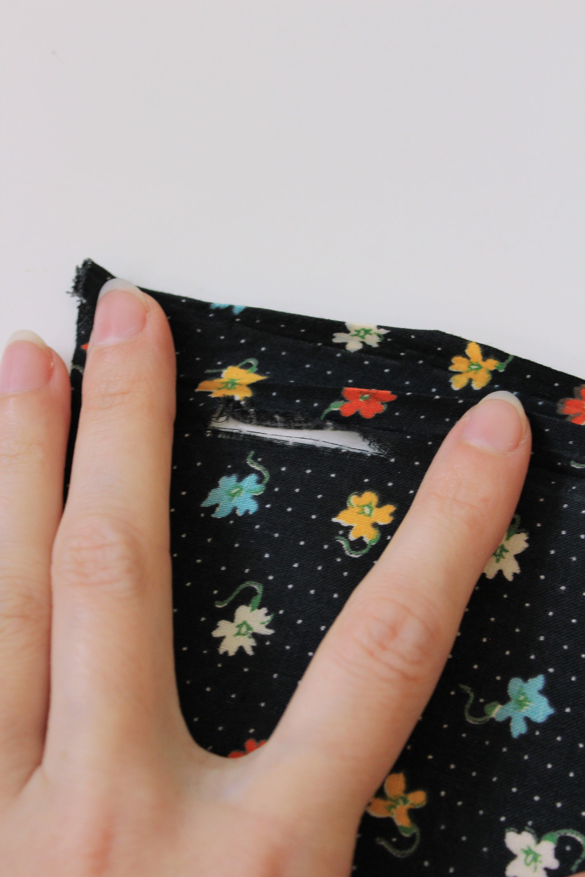 1950s Black Polka Dot Cotton Fabric With Bright Coral/Yellow/Teal Flowers, 4.1 Yards