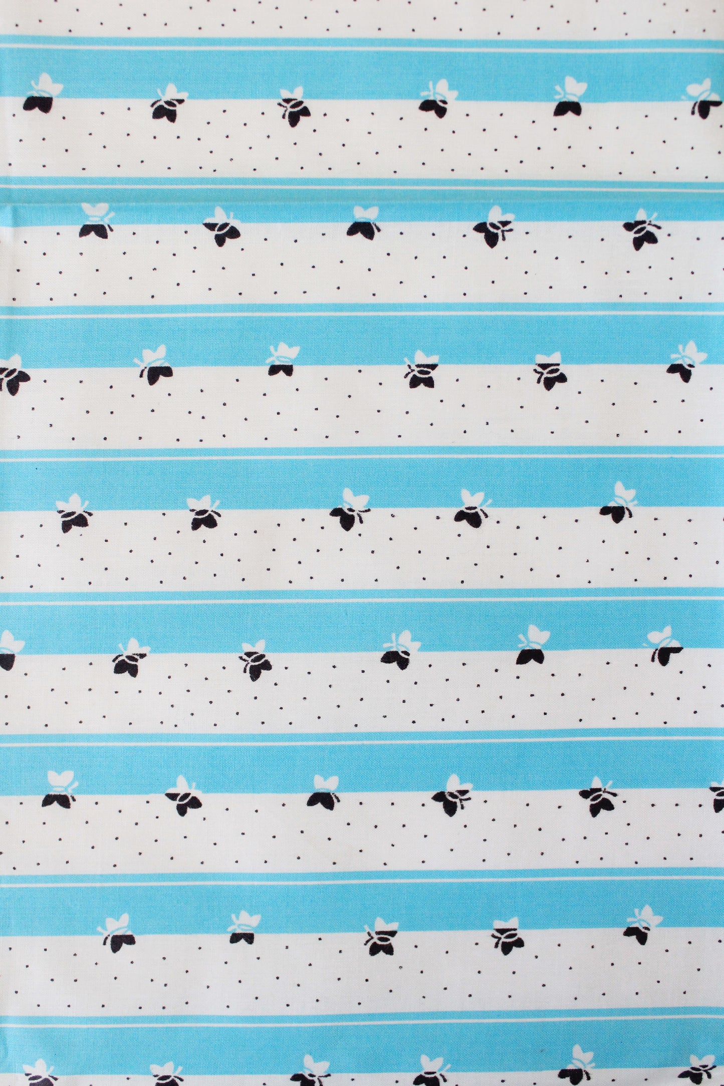 1950s Teal And White Striped Cotton Sewing Fabric With Butterflies, 3.3 Yards