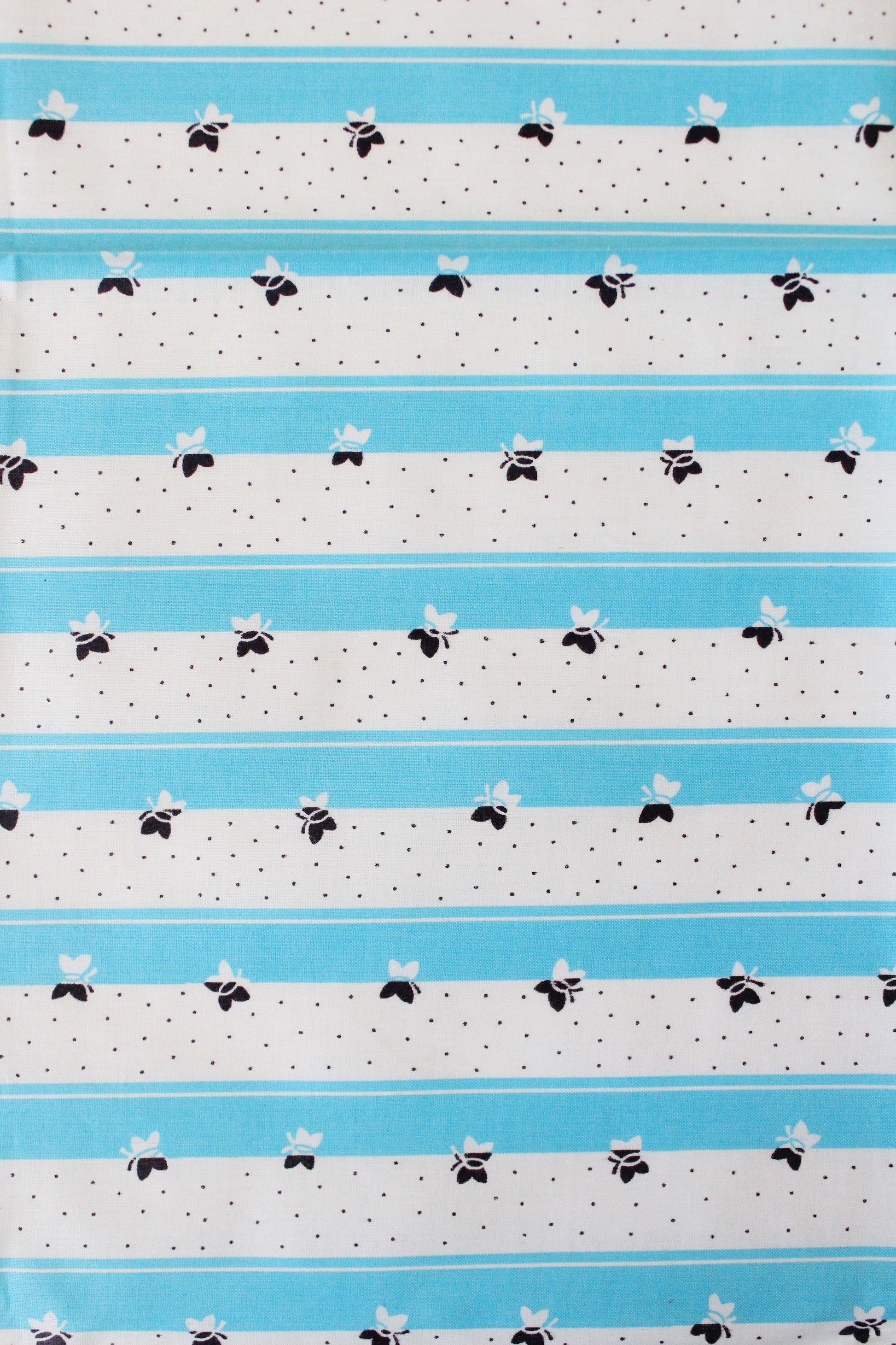 1950s Teal And White Striped Cotton Sewing Fabric With Butterflies, 3.3 Yards