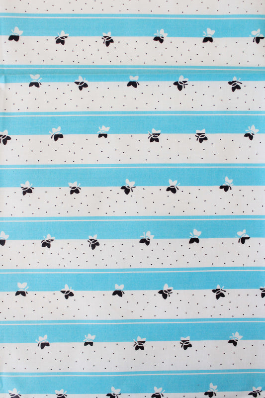 1950s Teal And White Striped Cotton Sewing Fabric With Butterflies, 3.3 Yards