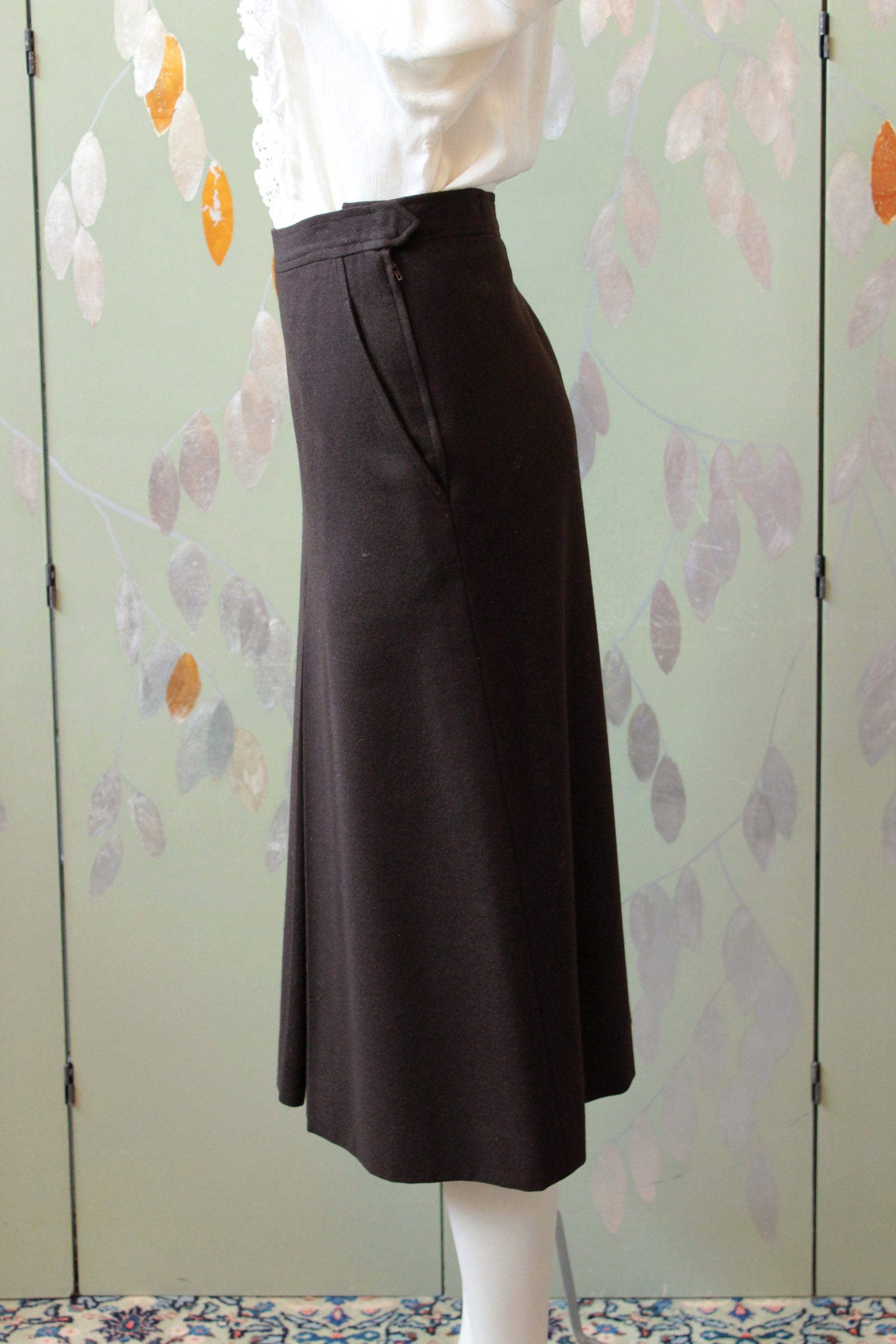 1970s YSL Brown A Line Kick Pleat Wool Skirt, Large 