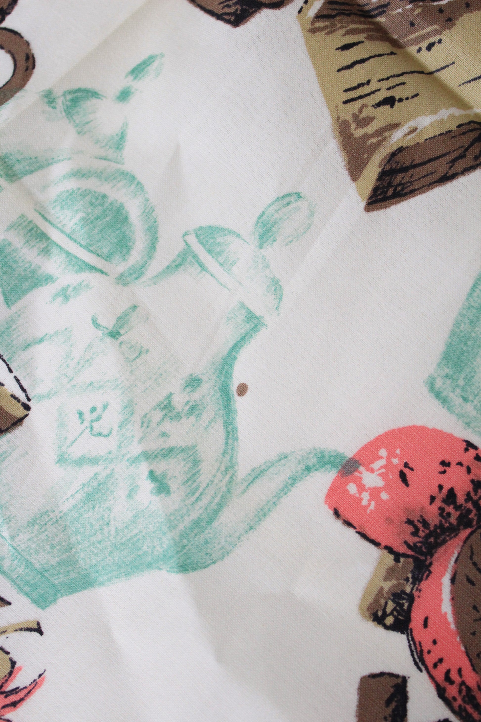 1960s Pink, Blue And Brown Fruit Basket Cotton Sewing Fabric, 2 Yards